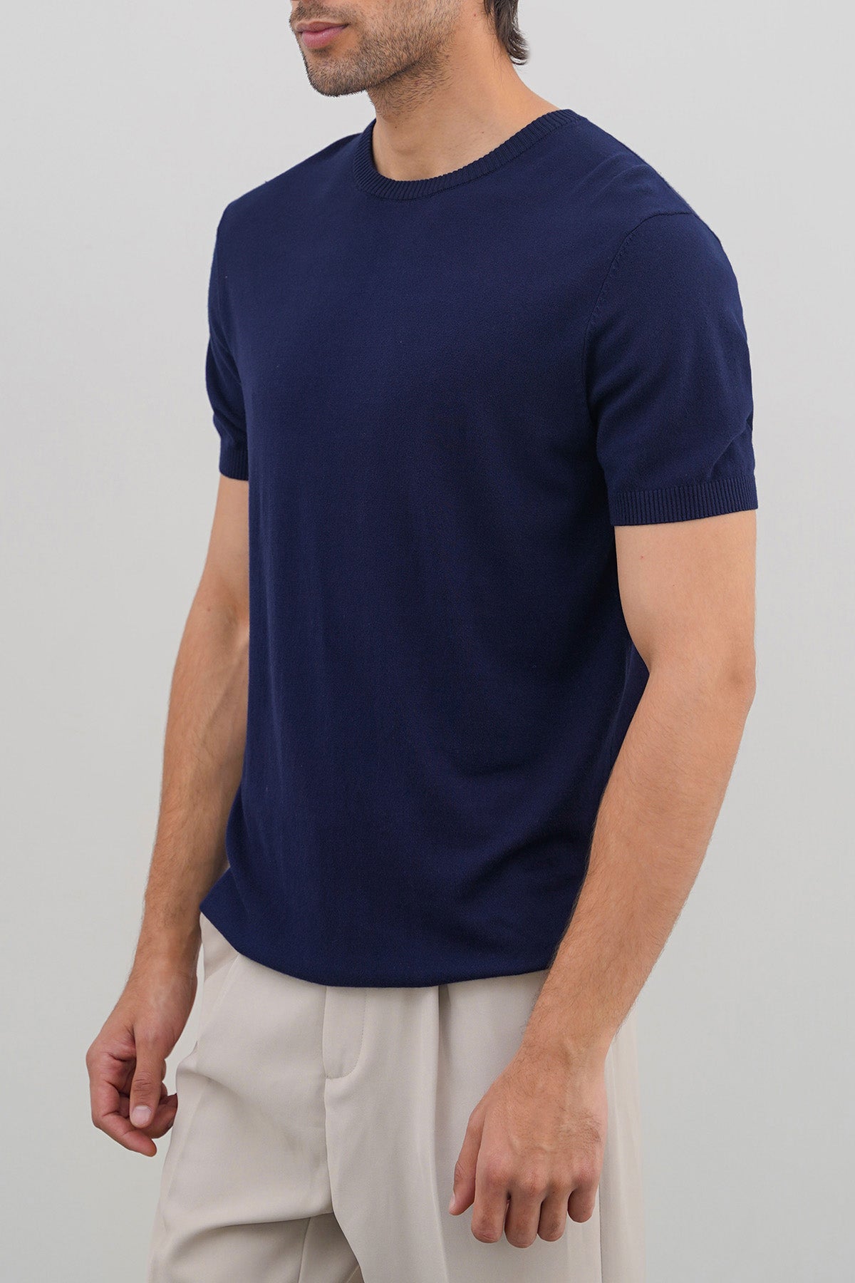 Navy Fitted Crew Neck T-Shirt with Ribbed Detail - Regular Hand Feel
