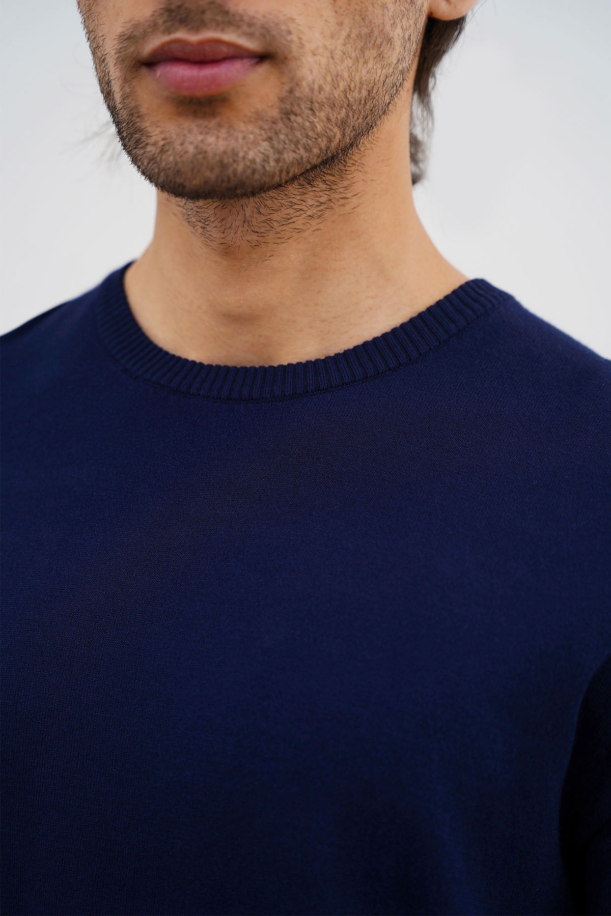 Navy Fitted Crew Neck T-Shirt with Ribbed Detail - Regular Hand Feel