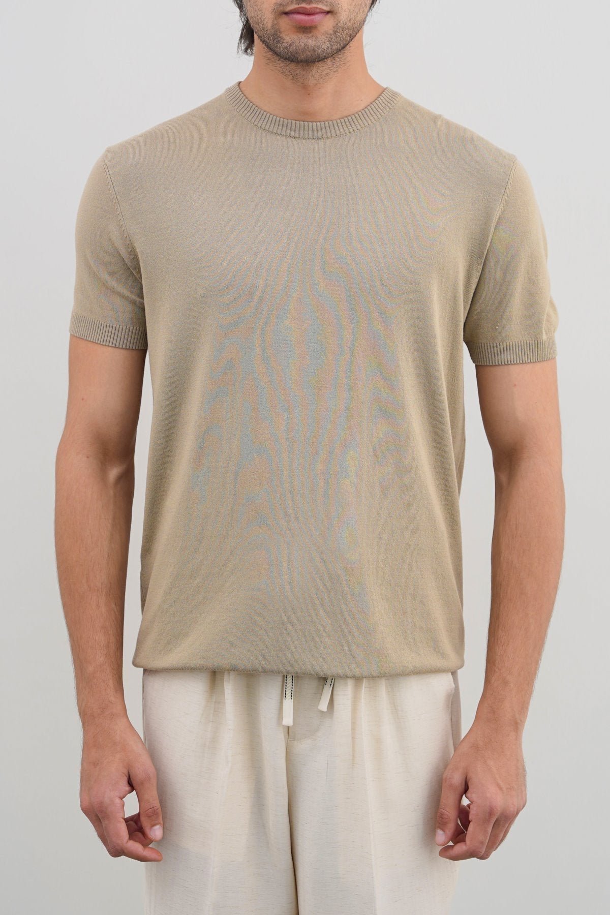 Sand Fitted Crew Neck T-Shirt with Ribbed Detail - Regular Hand Feel