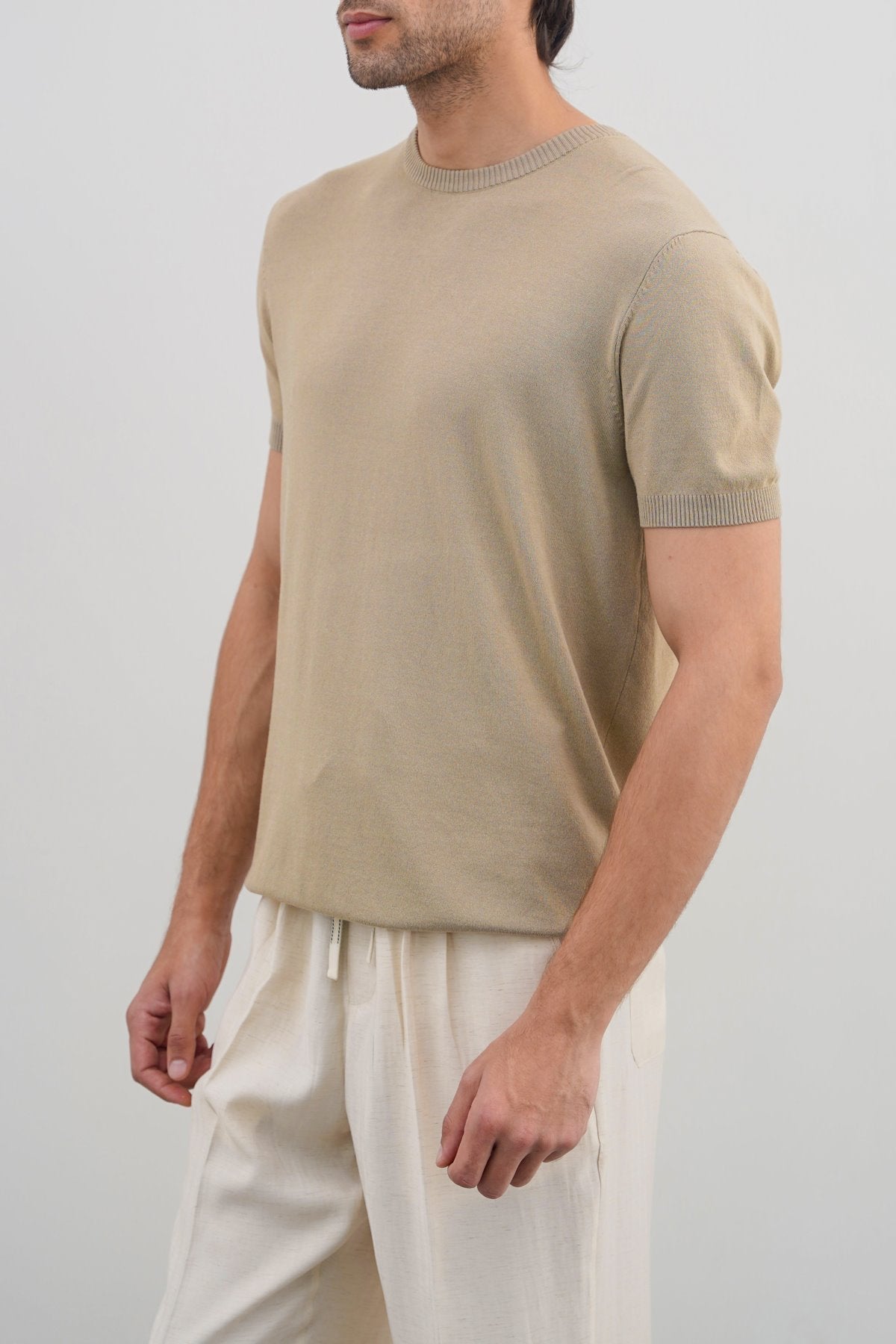 Sand Fitted Crew Neck T-Shirt with Ribbed Detail - Regular Hand Feel