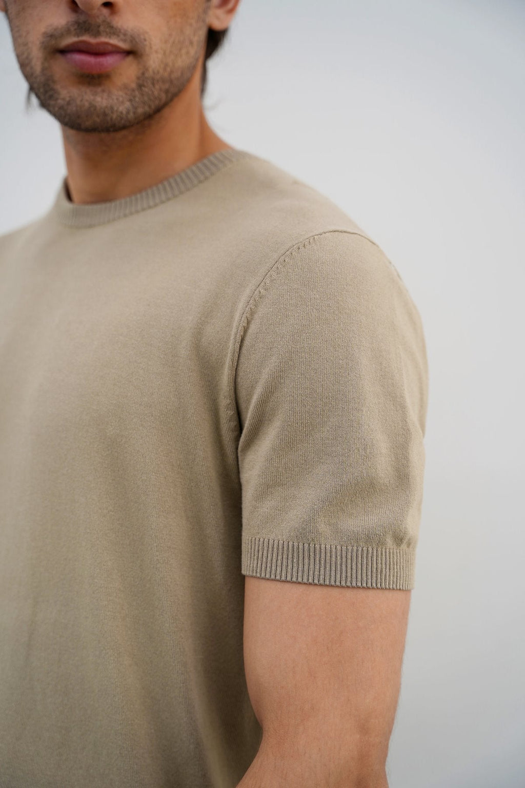 Sand Fitted Crew Neck T-Shirt with Ribbed Detail - Regular Hand Feel – Cool Havn
