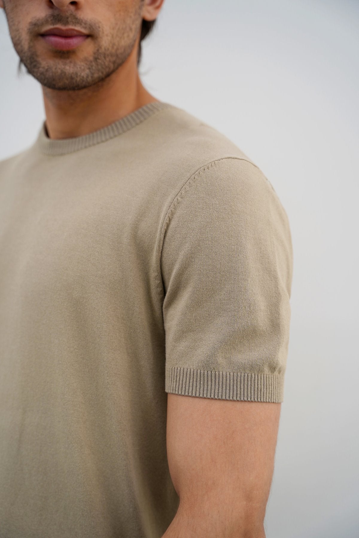 Sand Fitted Crew Neck T-Shirt with Ribbed Detail - Regular Hand Feel