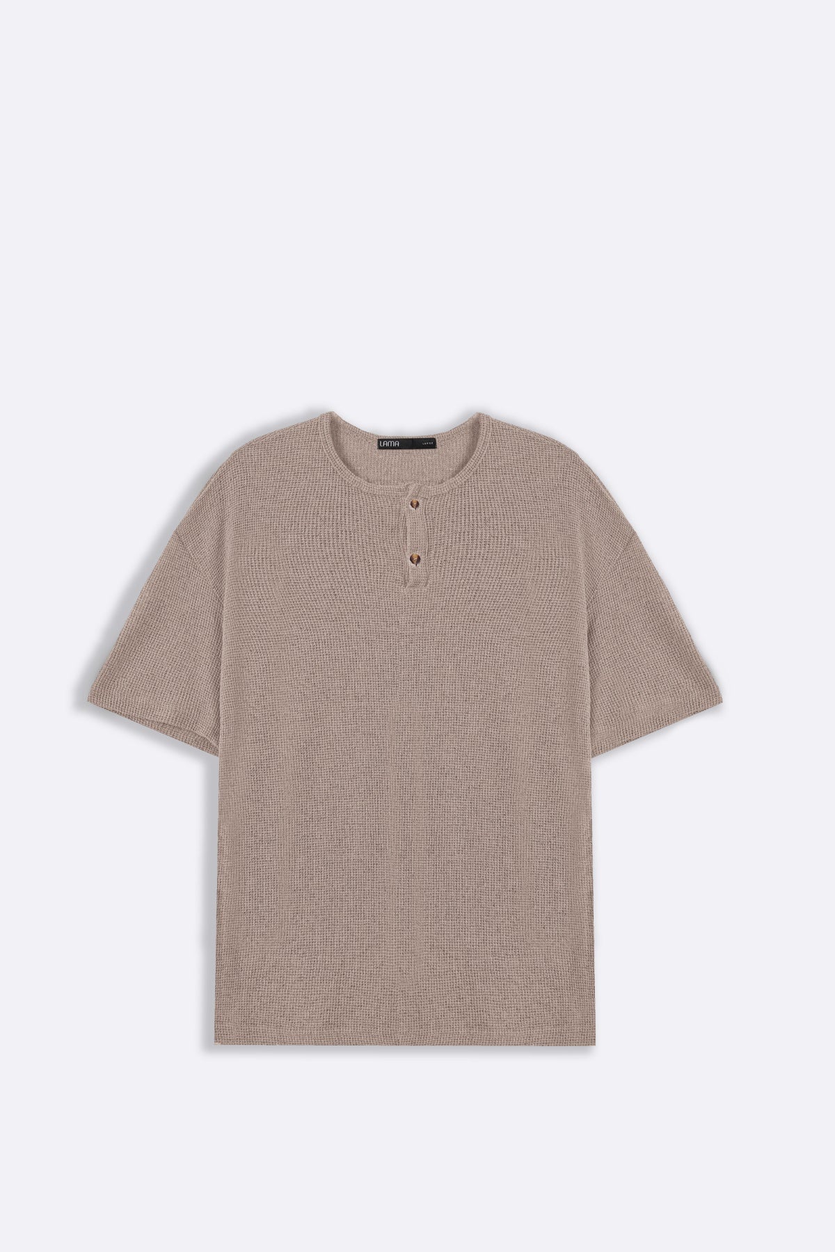 Beige Relaxed Fit Jacquard Henley with Button Fastening