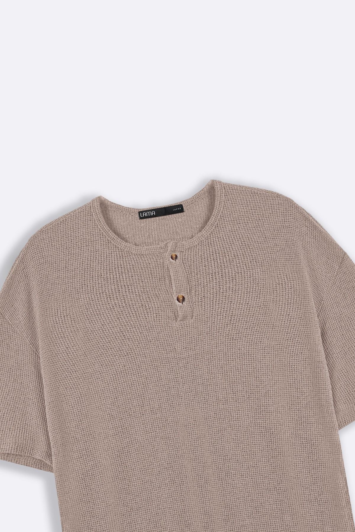 Beige Relaxed Fit Jacquard Henley with Button Fastening