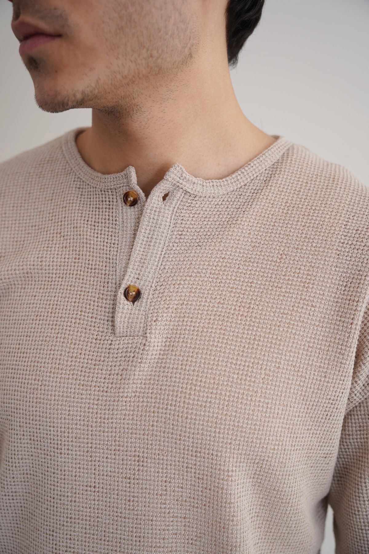 Beige Relaxed Fit Jacquard Henley with Button Fastening