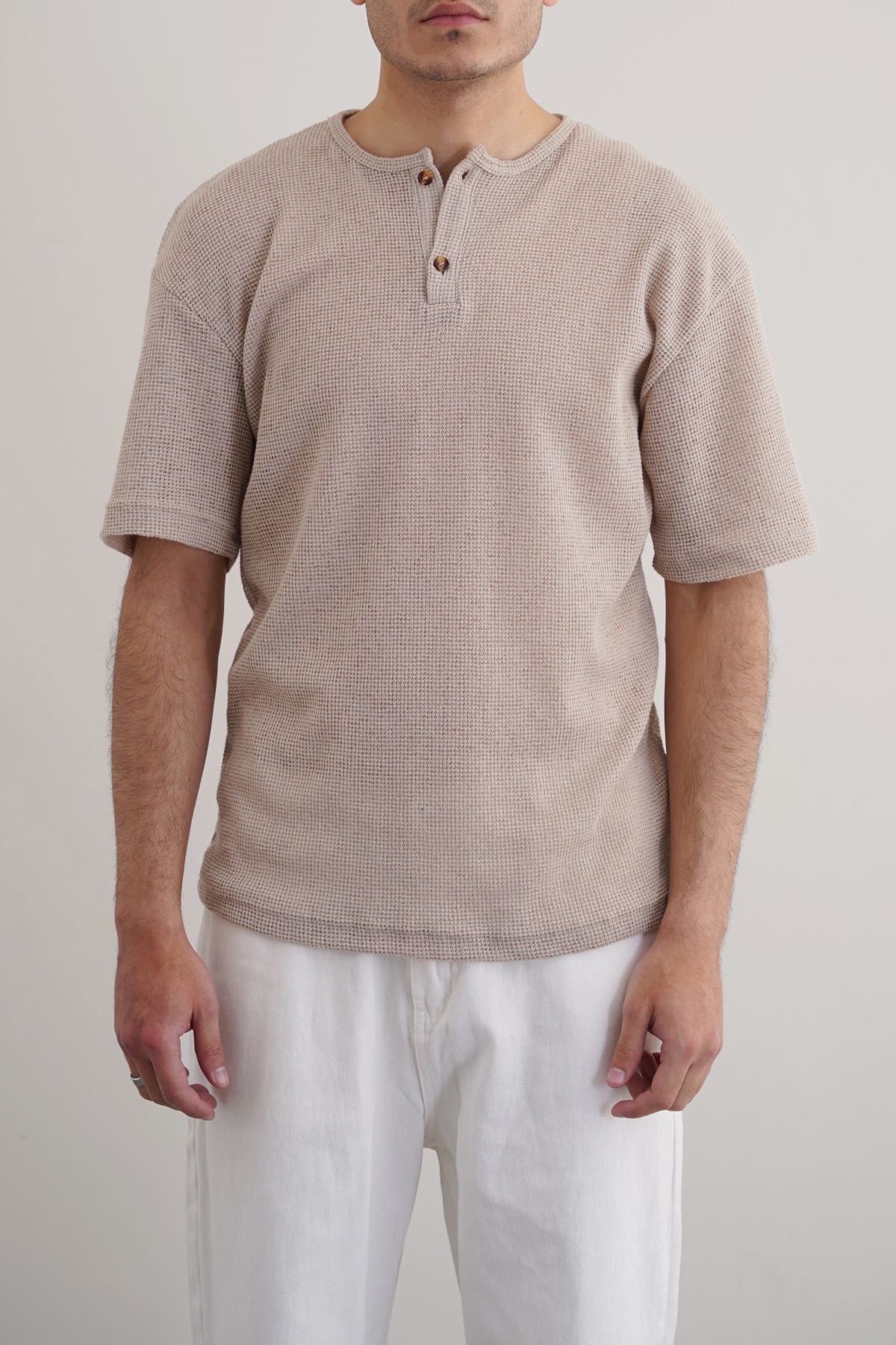 Beige Relaxed Fit Jacquard Henley with Button Fastening