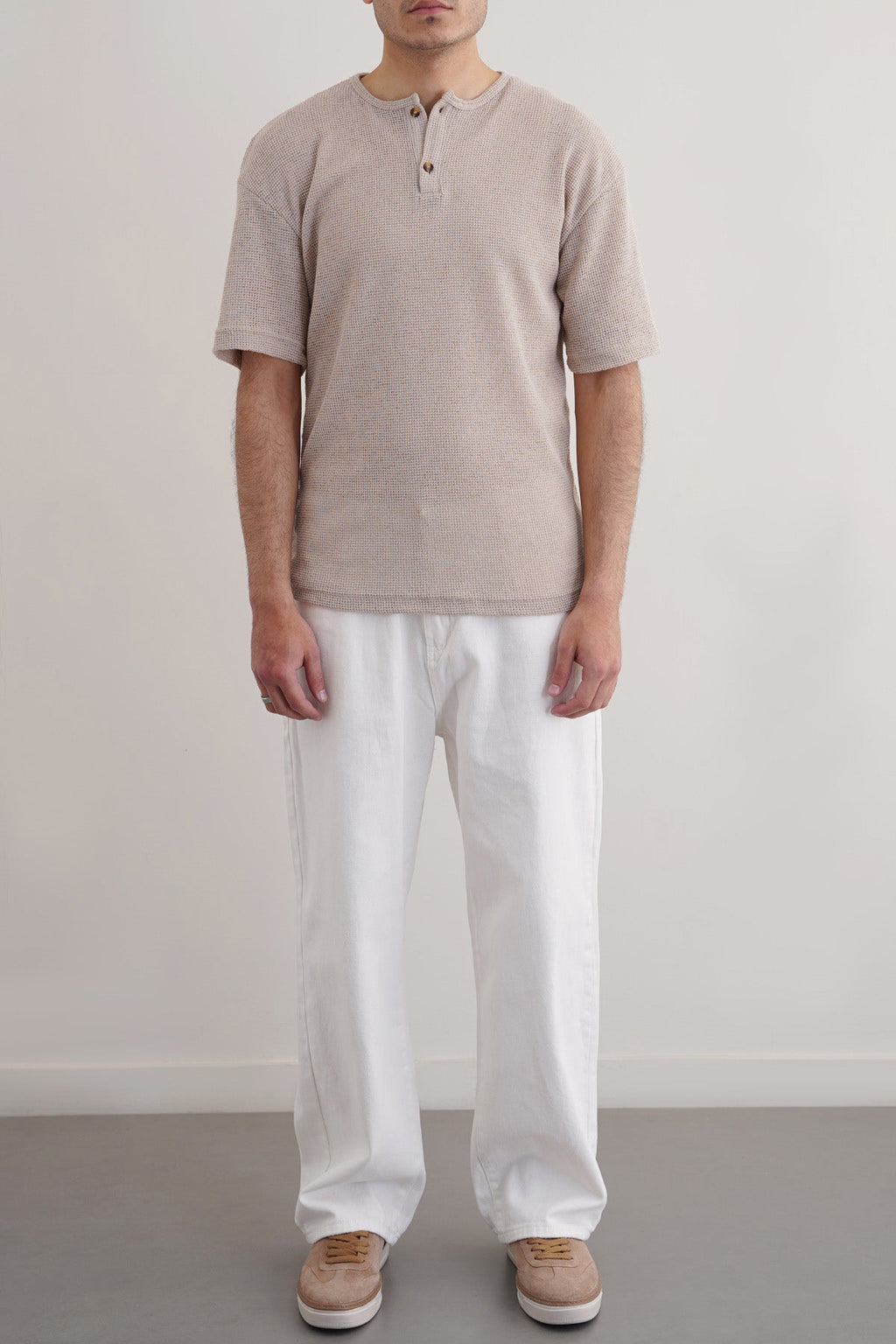 Beige Relaxed Fit Jacquard Henley with Button Fastening – Cool Havn