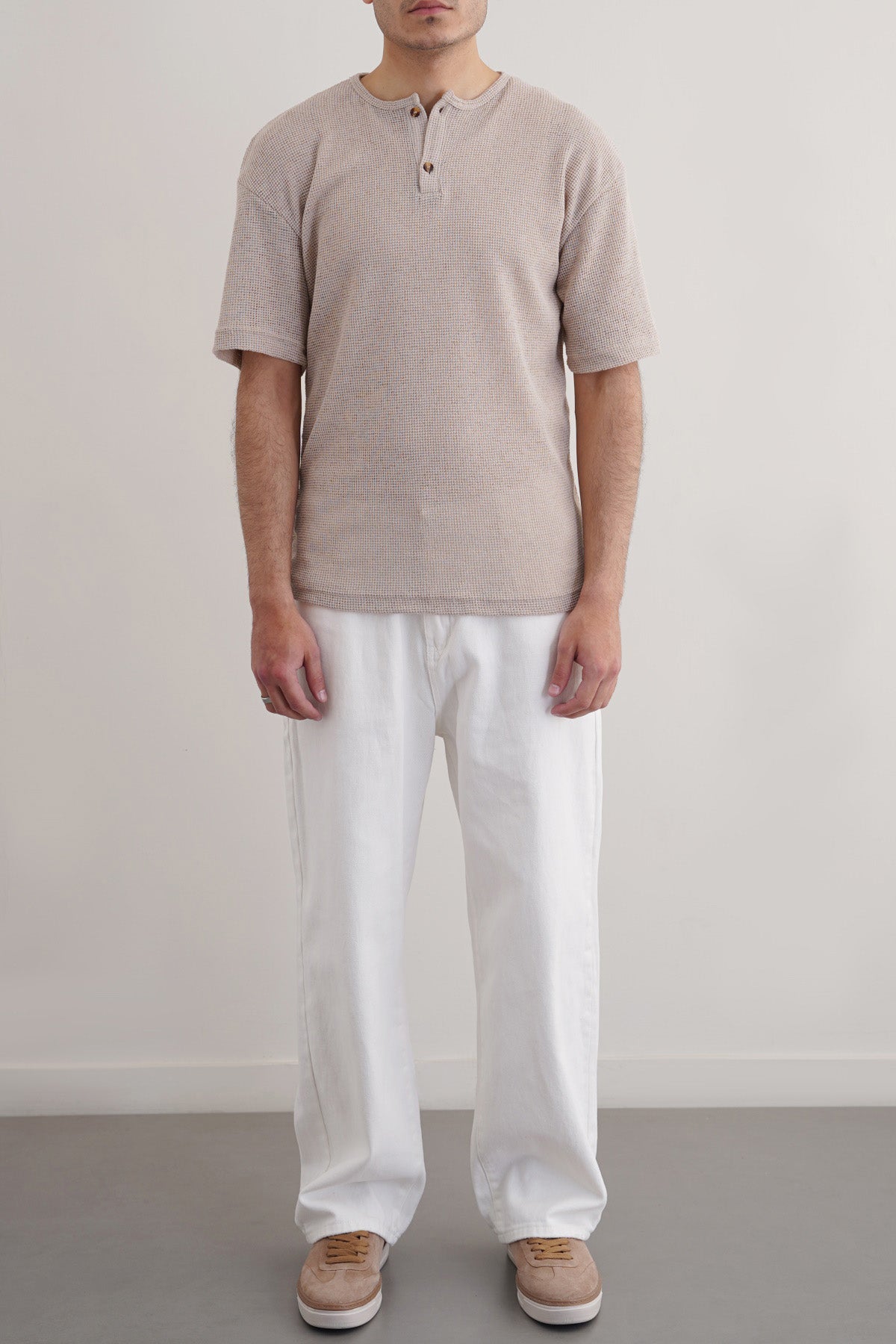 Beige Relaxed Fit Jacquard Henley with Button Fastening