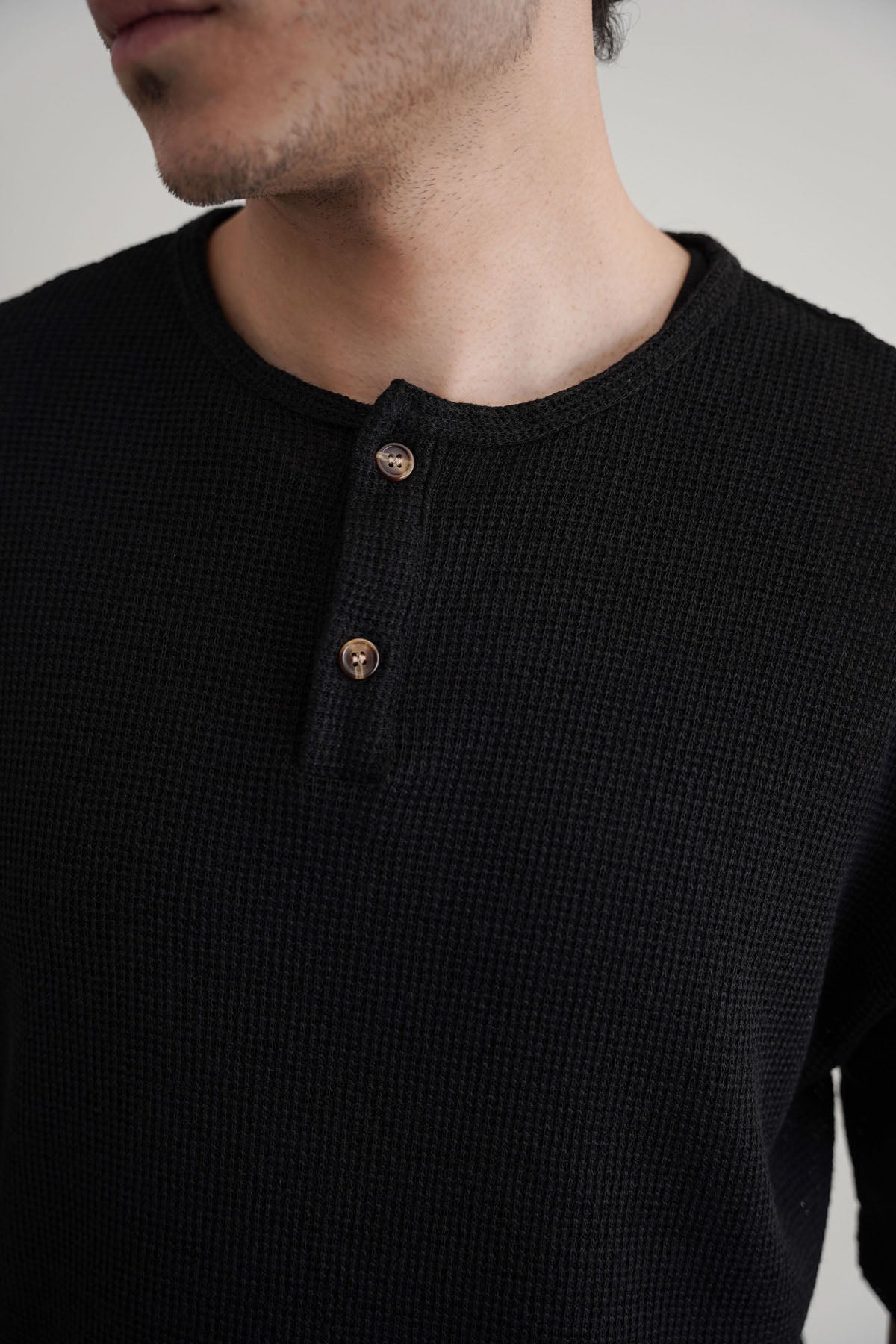 Black Relaxed Fit Jacquard Henley with Button Fastening