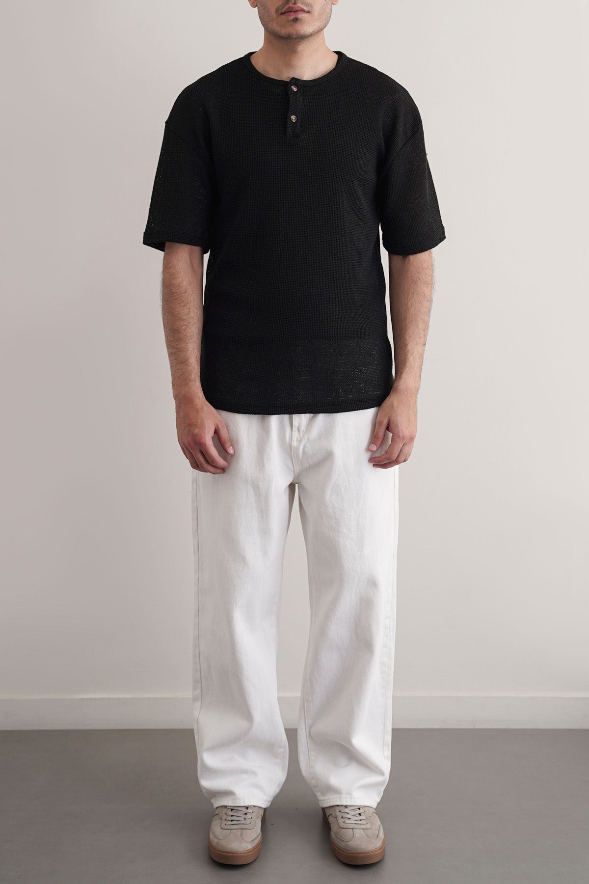 Black Relaxed Fit Jacquard Henley with Button Fastening