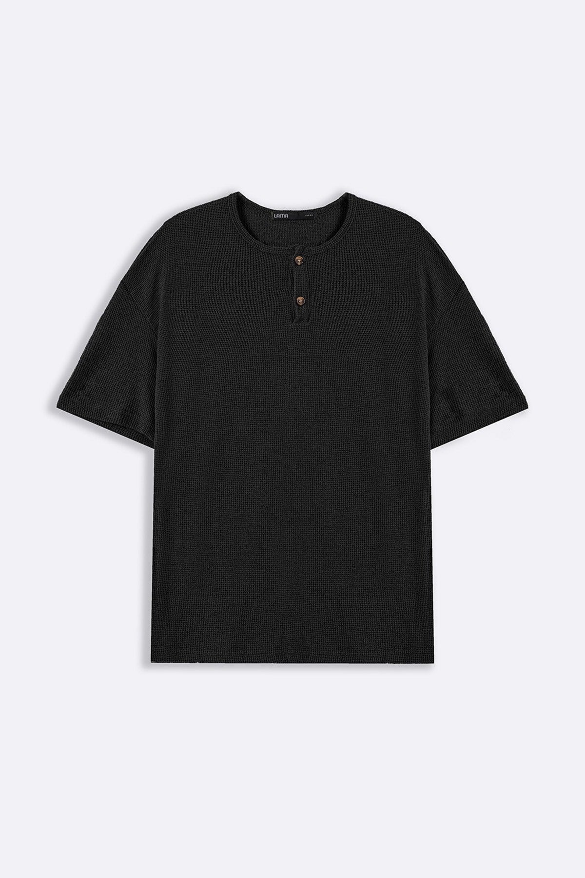 Black Relaxed Fit Jacquard Henley with Button Fastening