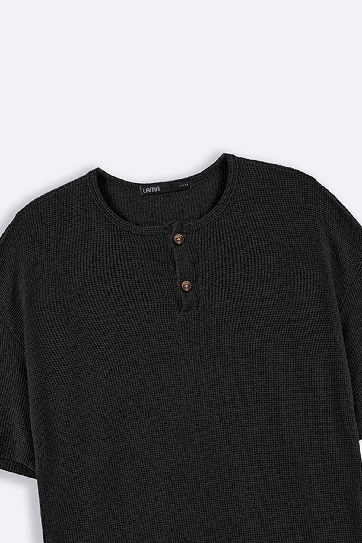Black Relaxed Fit Jacquard Henley with Button Fastening