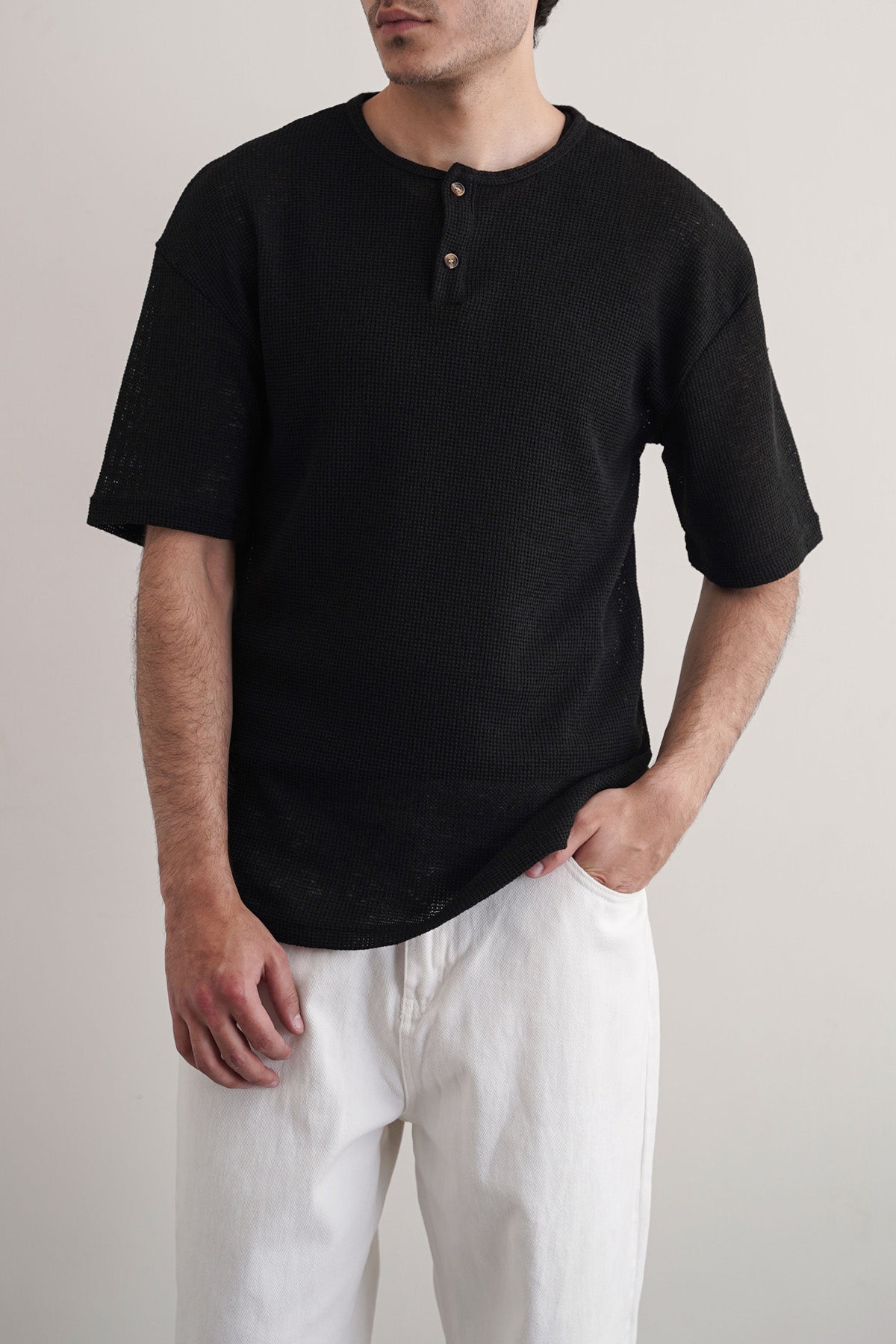 Black Relaxed Fit Jacquard Henley with Button Fastening