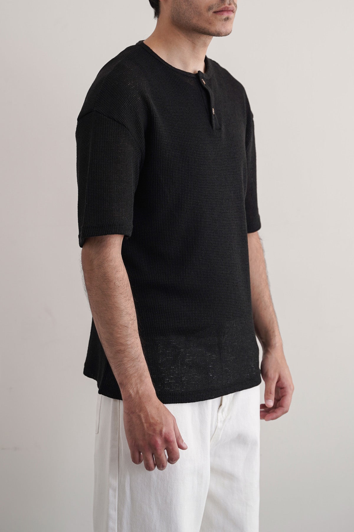 Black Relaxed Fit Jacquard Henley with Button Fastening