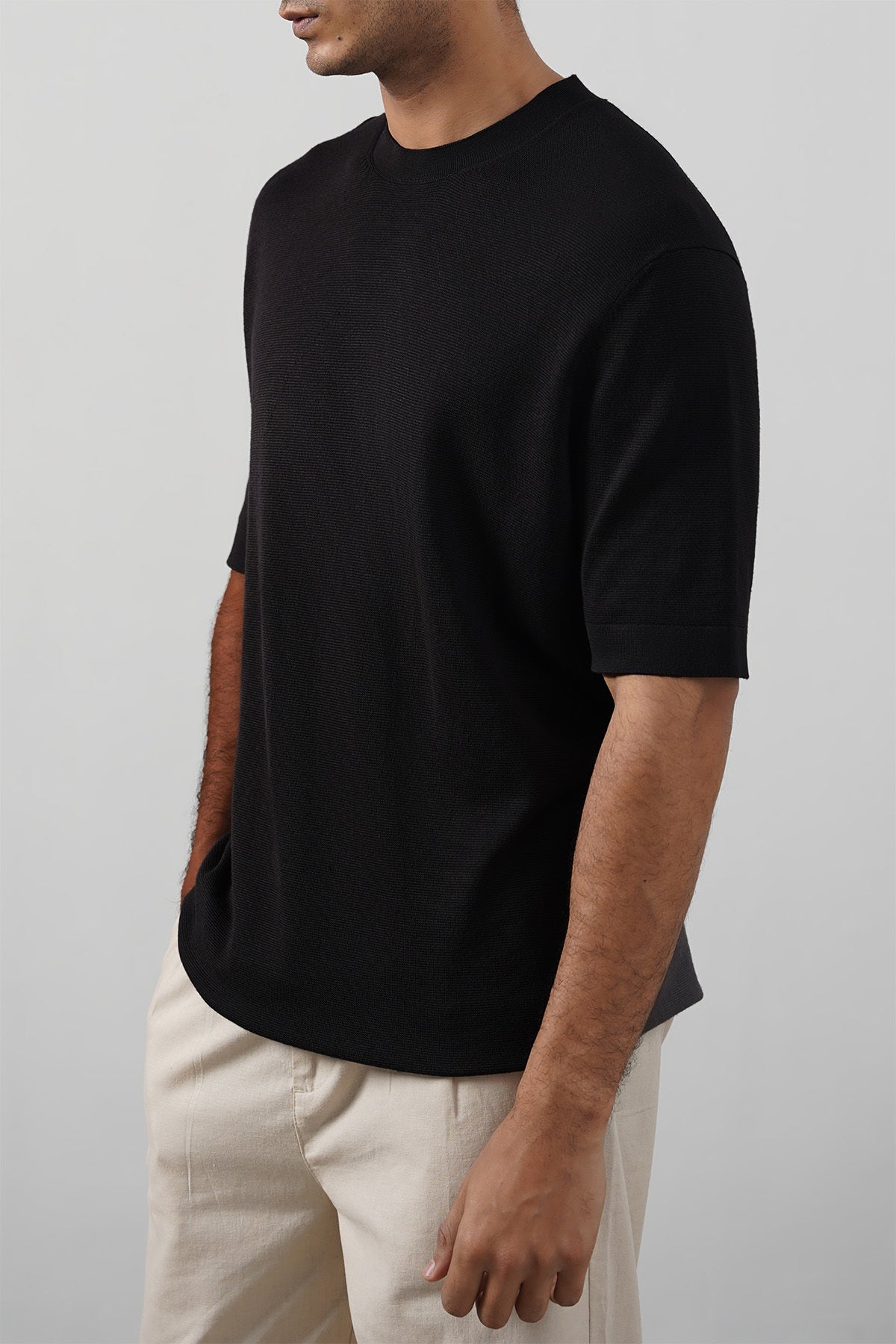 Black Fitted Crew Neck Soft Ribbed T-Shirt