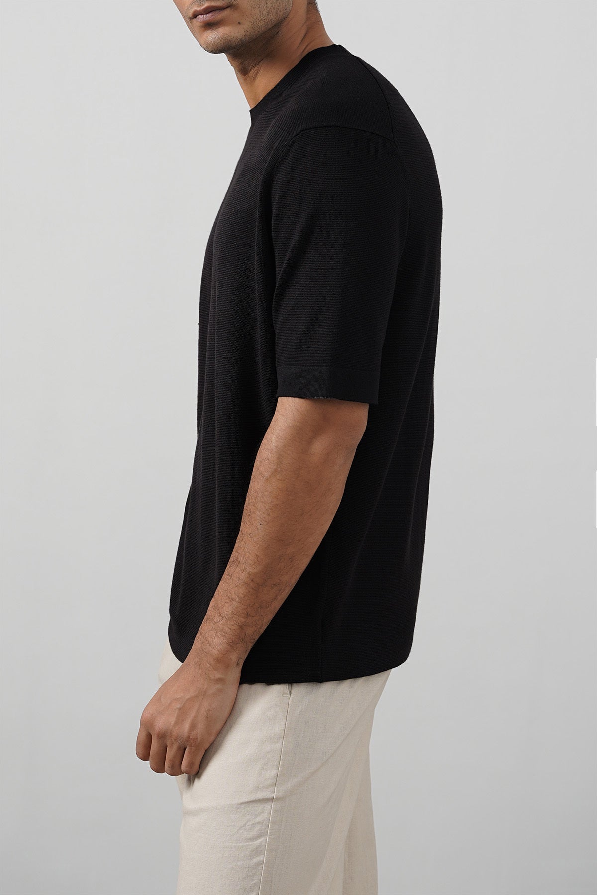 Black Fitted Crew Neck Soft Ribbed T-Shirt
