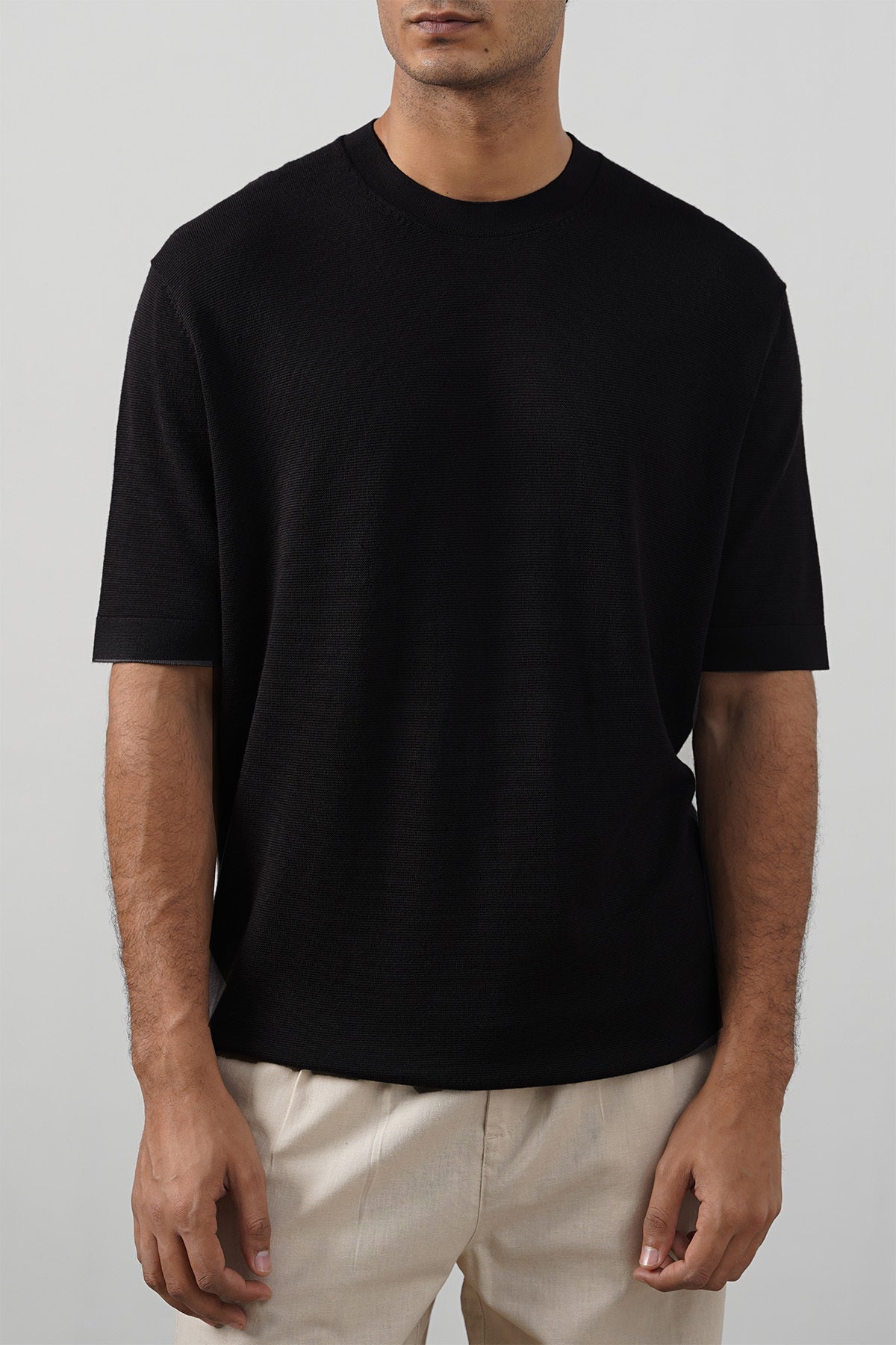 Black Fitted Crew Neck Soft Ribbed T-Shirt