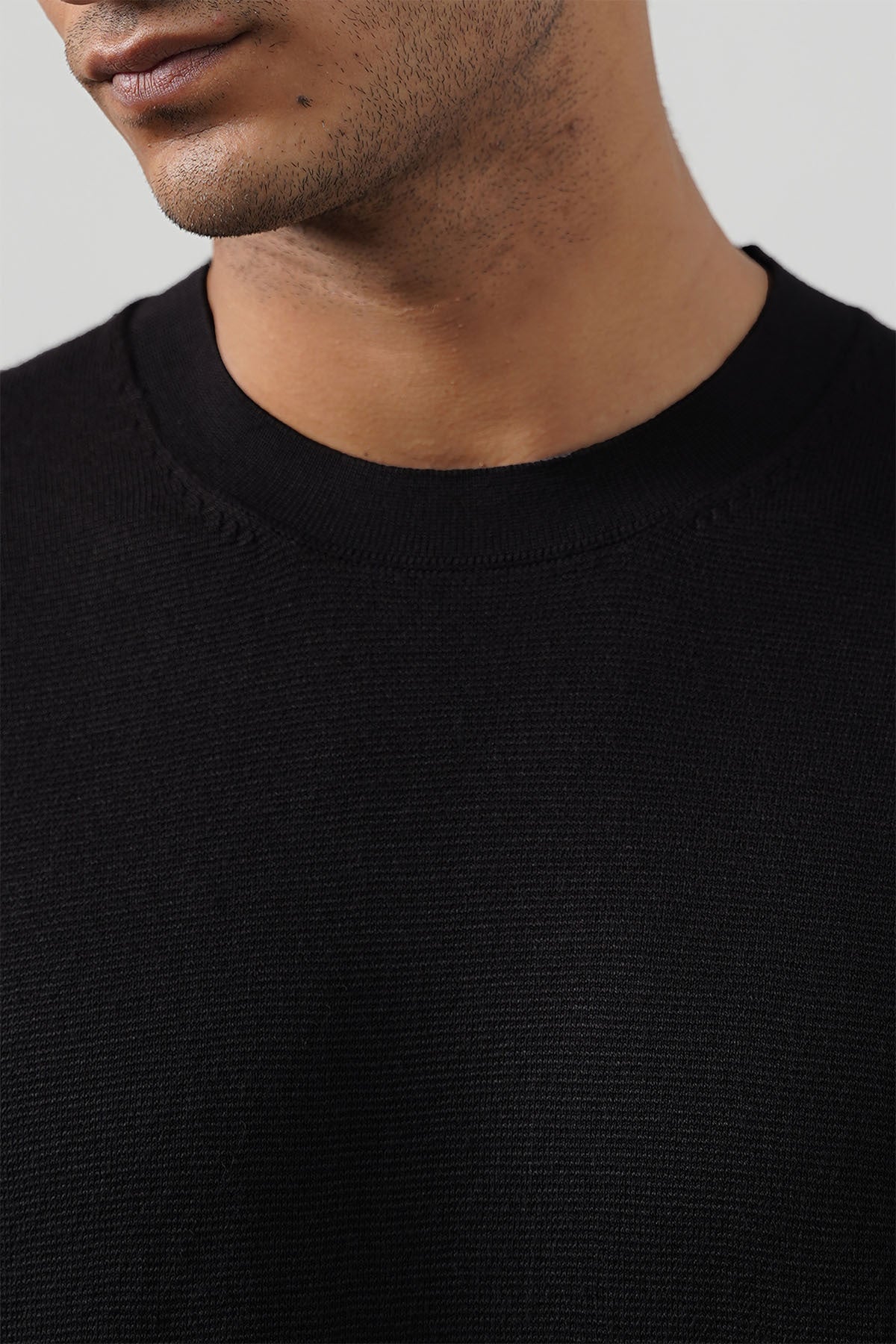 Black Fitted Crew Neck Soft Ribbed T-Shirt