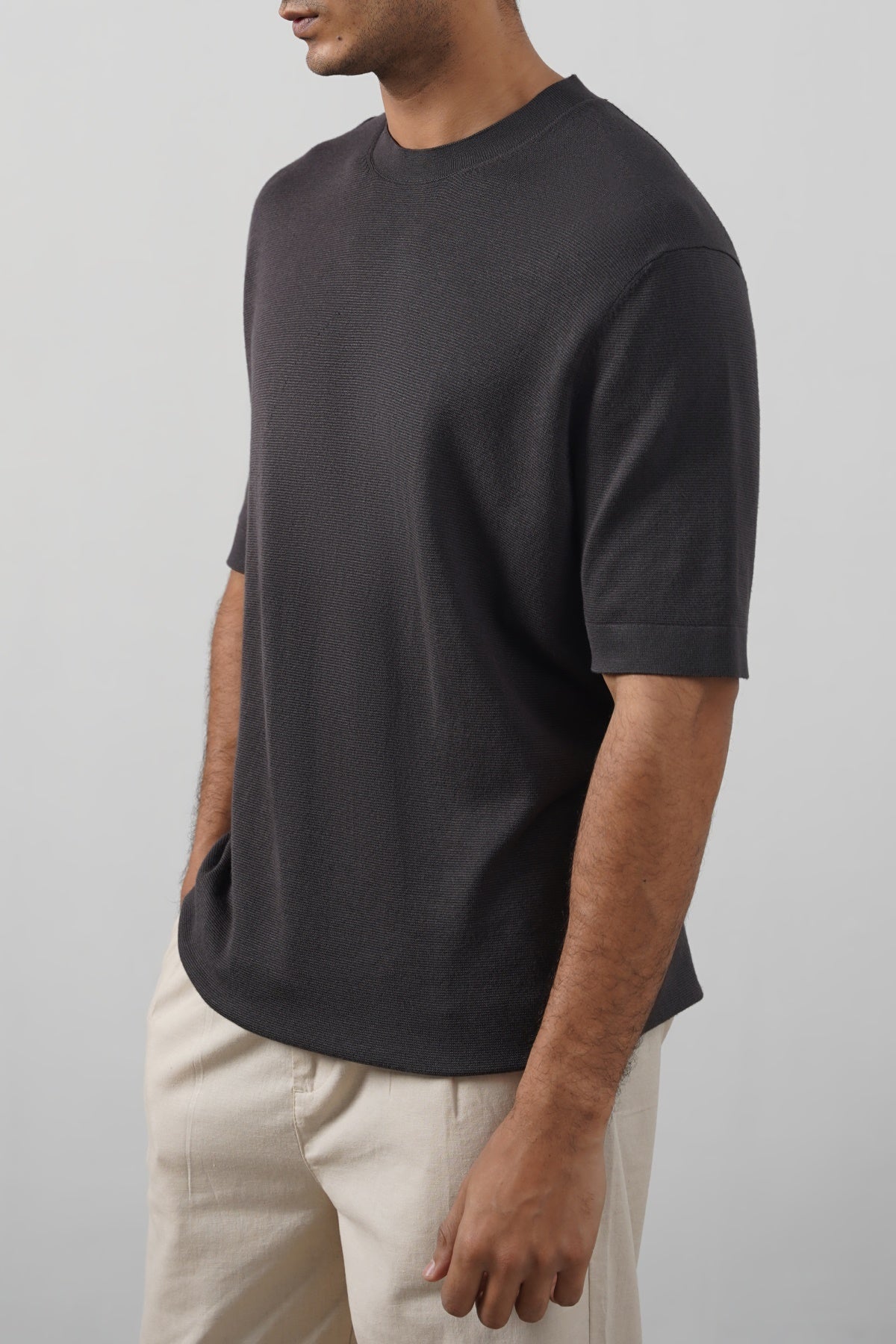 Charcoal Fitted Crew Neck Soft Ribbed T-Shirt