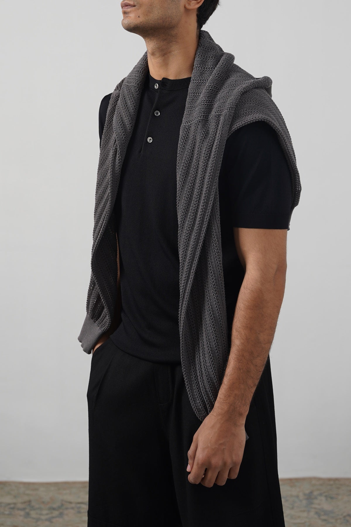 Black Fitted Classic Henley with Ribbed Details - Regular Hand Feel