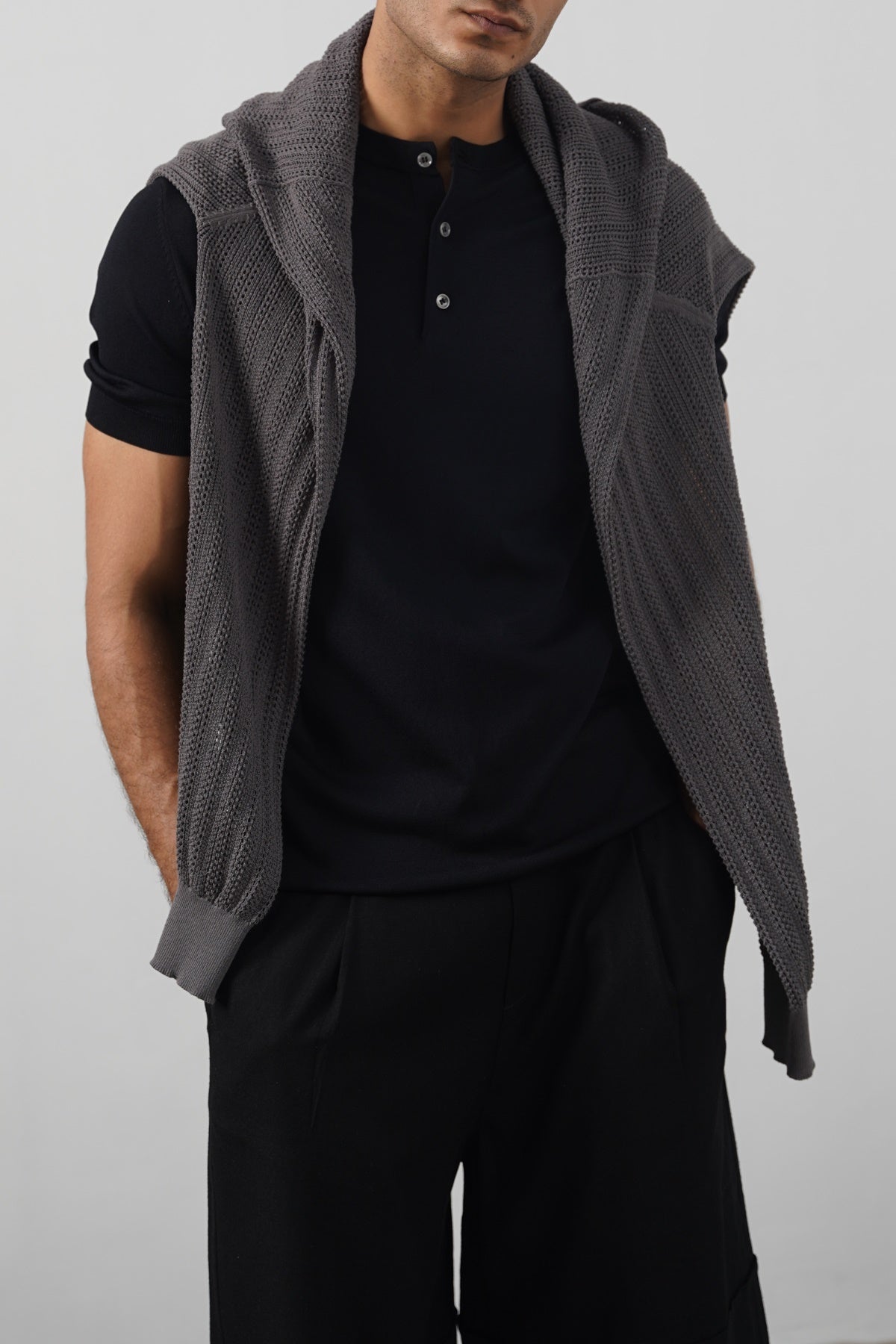 Black Fitted Classic Henley with Ribbed Details - Regular Hand Feel