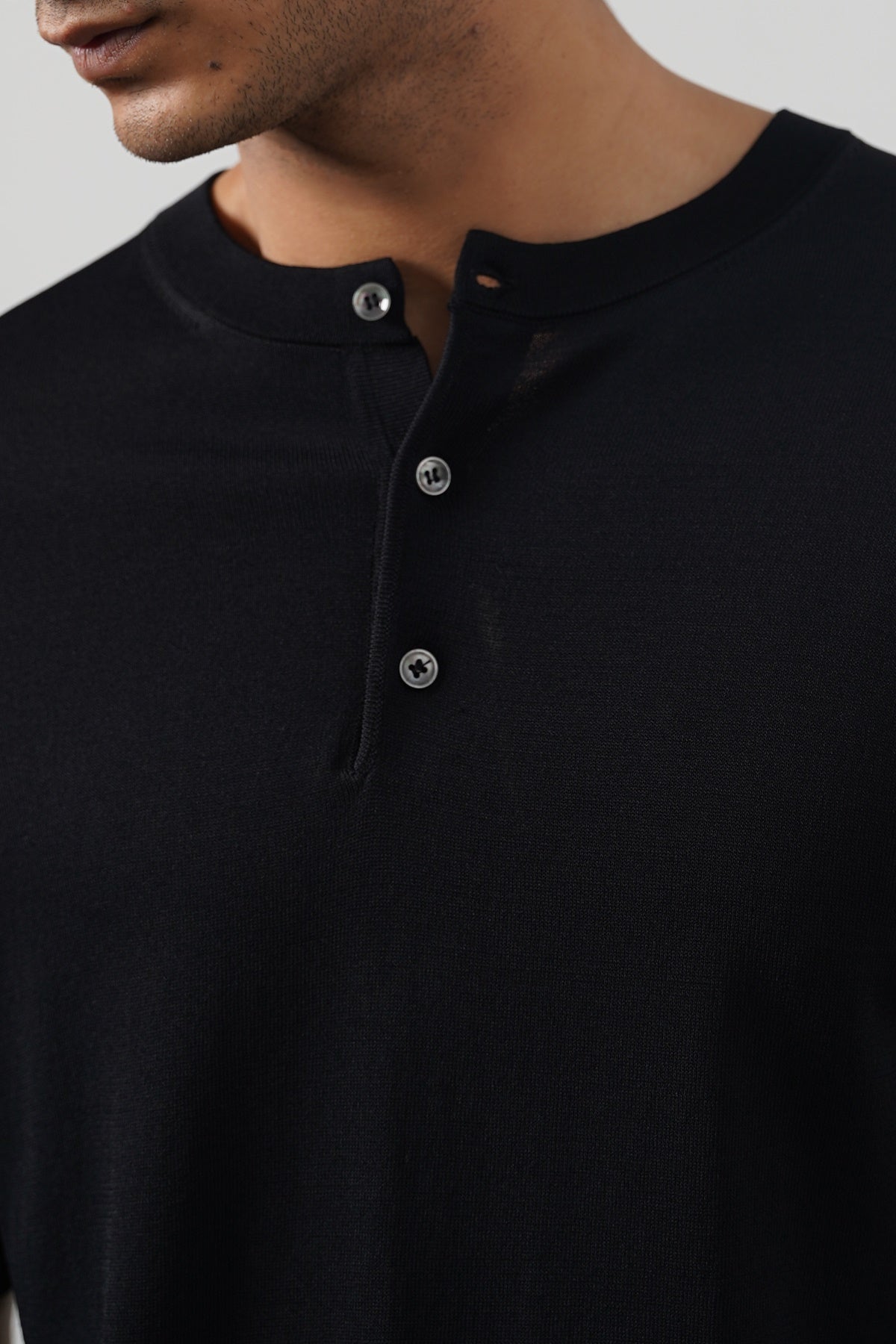 Black Fitted Classic Henley with Ribbed Details - Regular Hand Feel