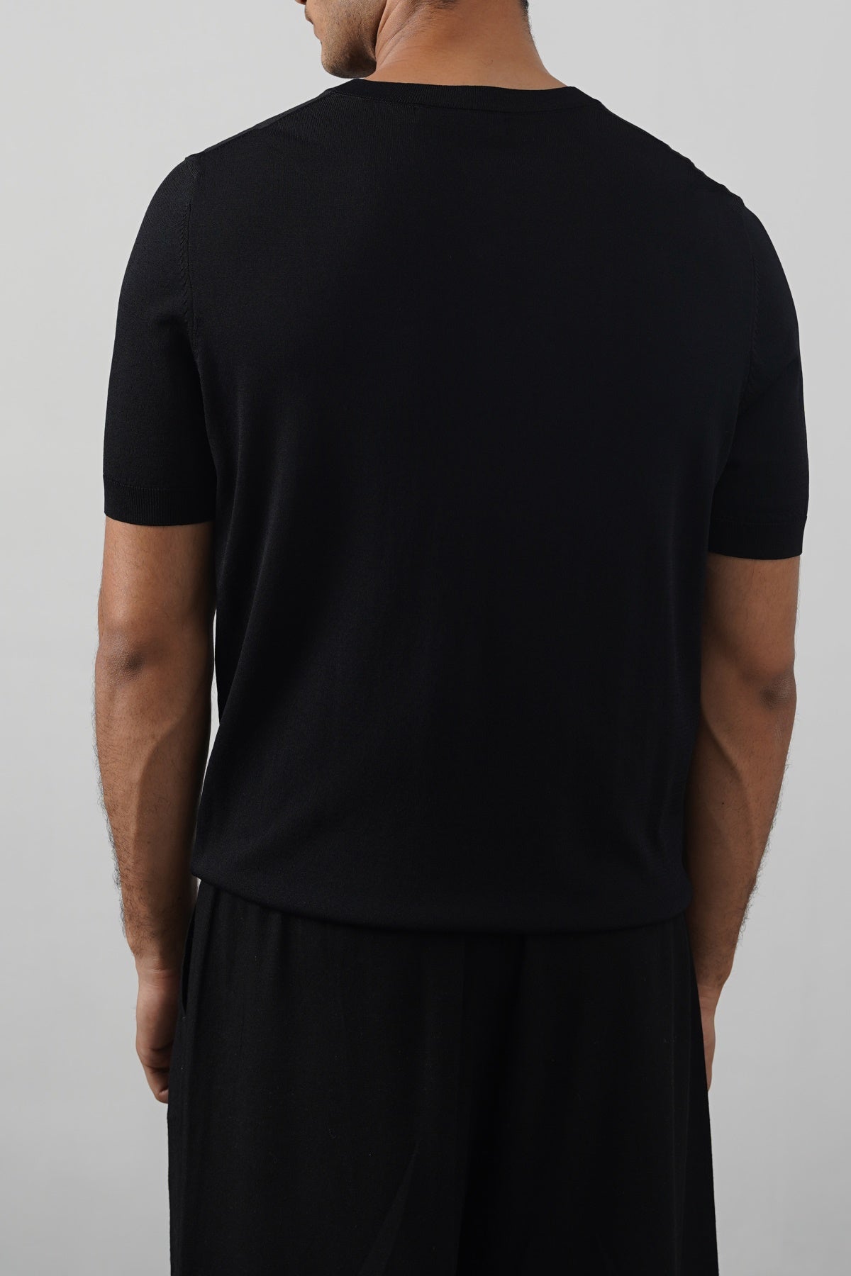Black Fitted Classic Henley with Ribbed Details - Regular Hand Feel