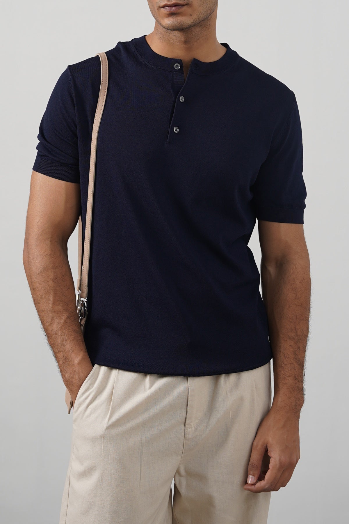 Navy Fitted Classic Henley with Ribbed Details