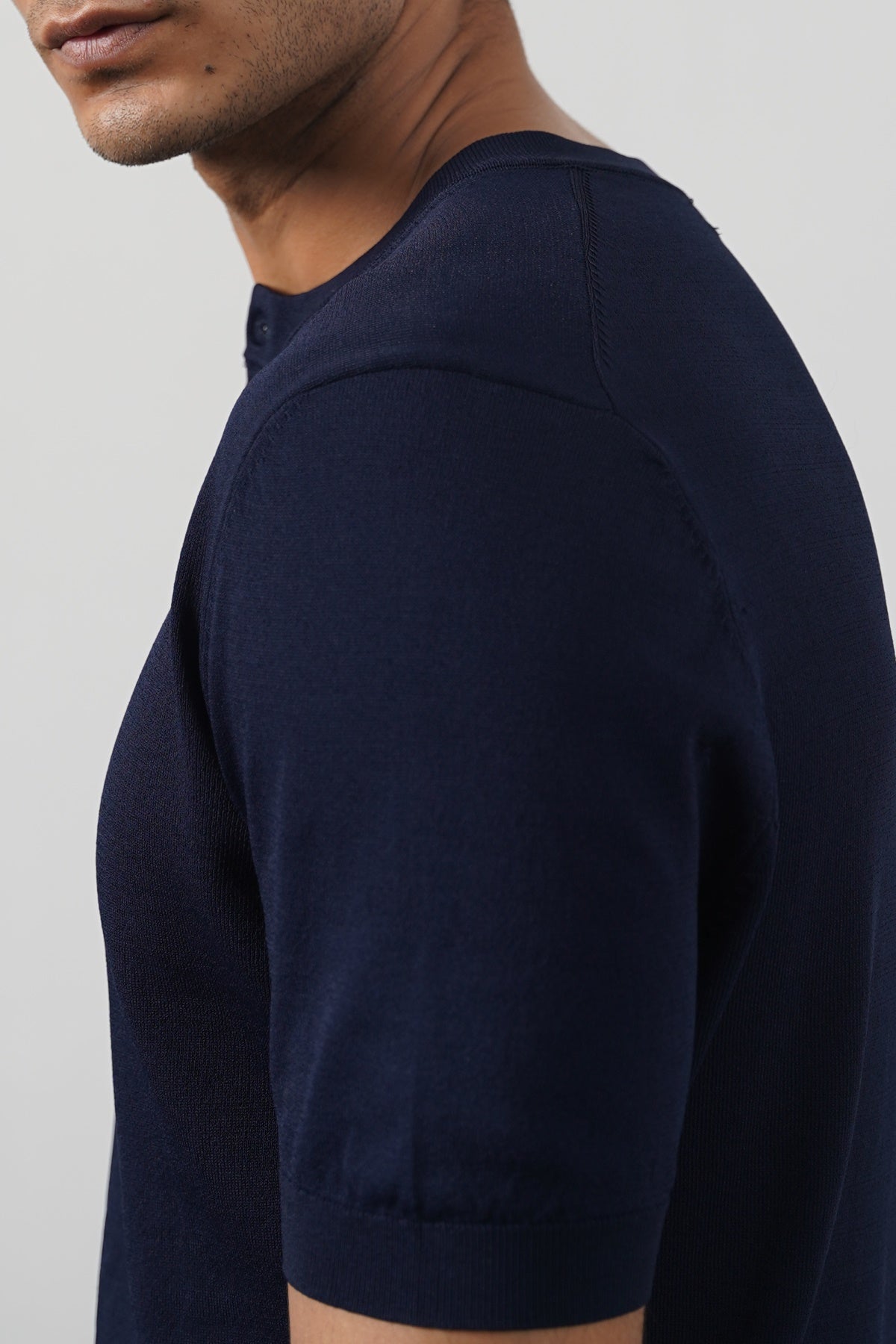Navy Fitted Classic Henley with Ribbed Details