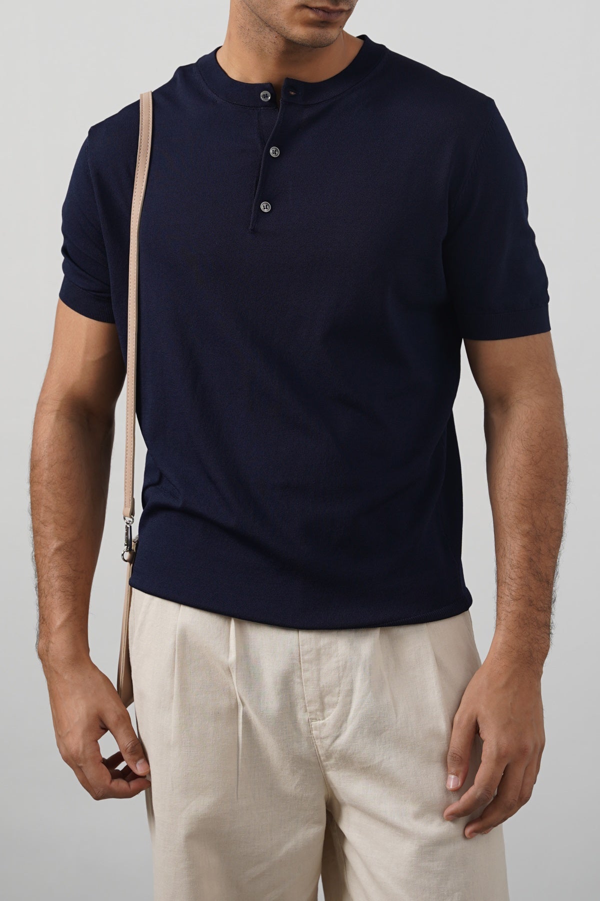 Navy Fitted Classic Henley with Ribbed Details