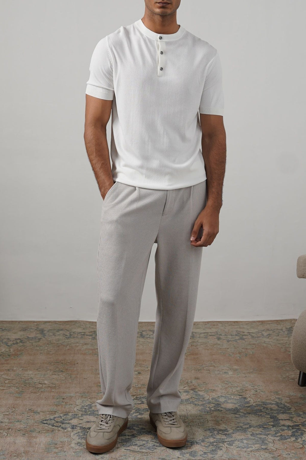 White Fitted Classic Henley with Ribbed Details – Cool Havn
