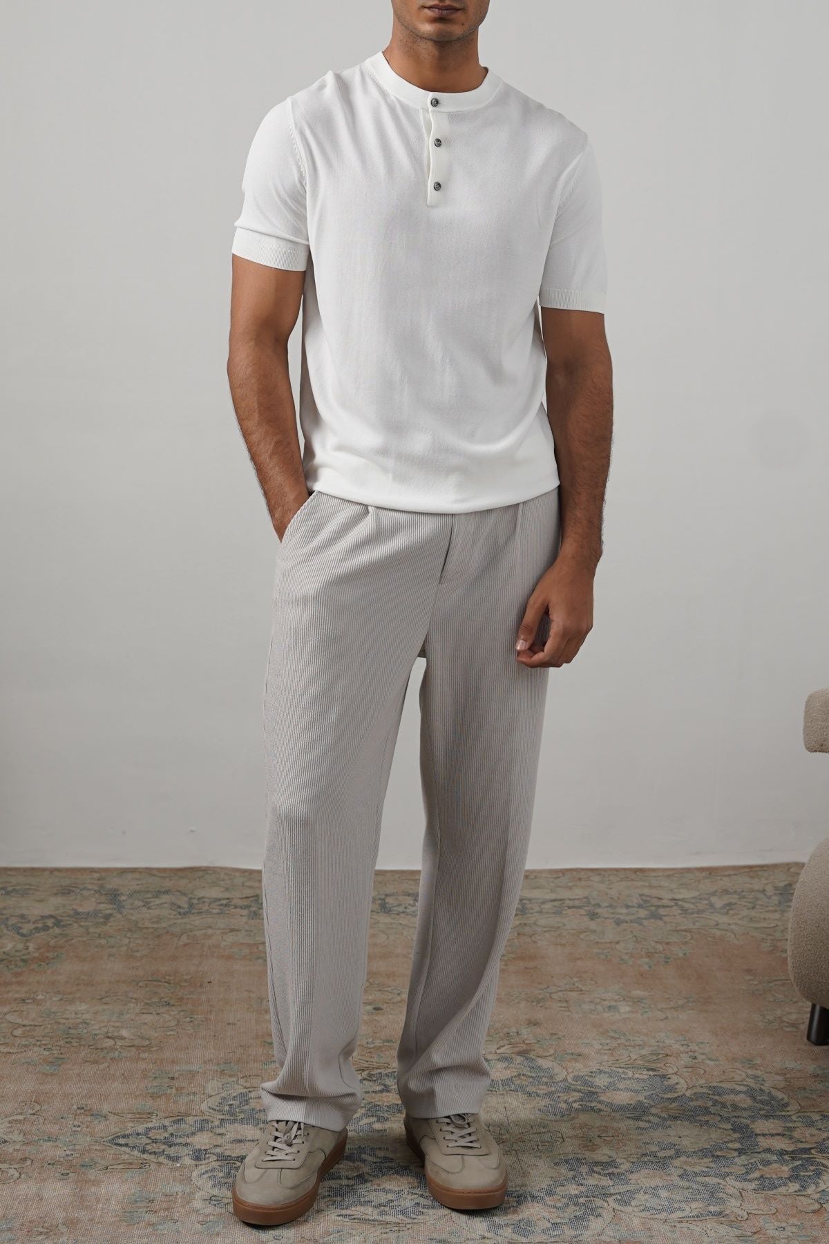 White Fitted Classic Henley with Ribbed Details