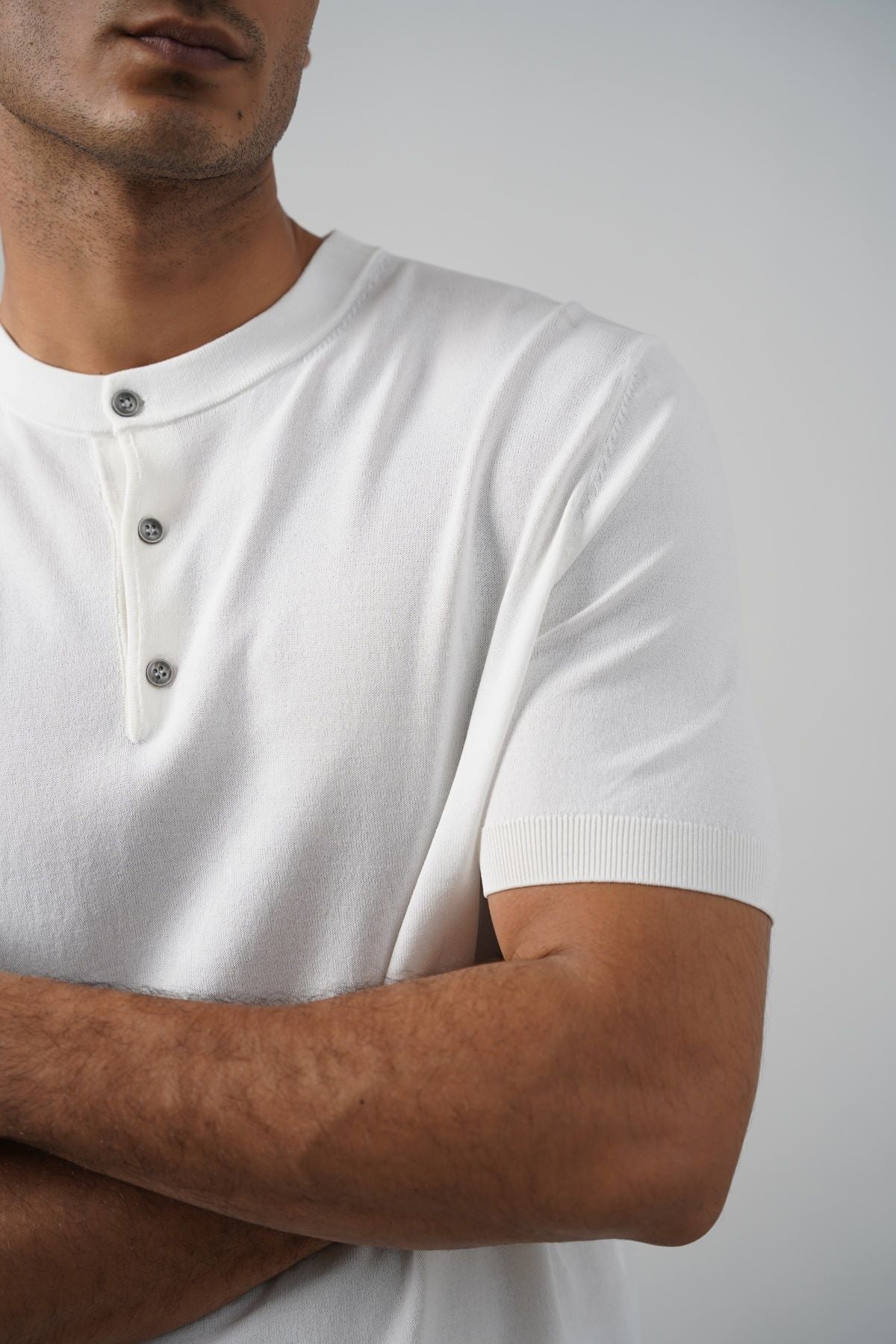 White Fitted Classic Henley with Ribbed Details