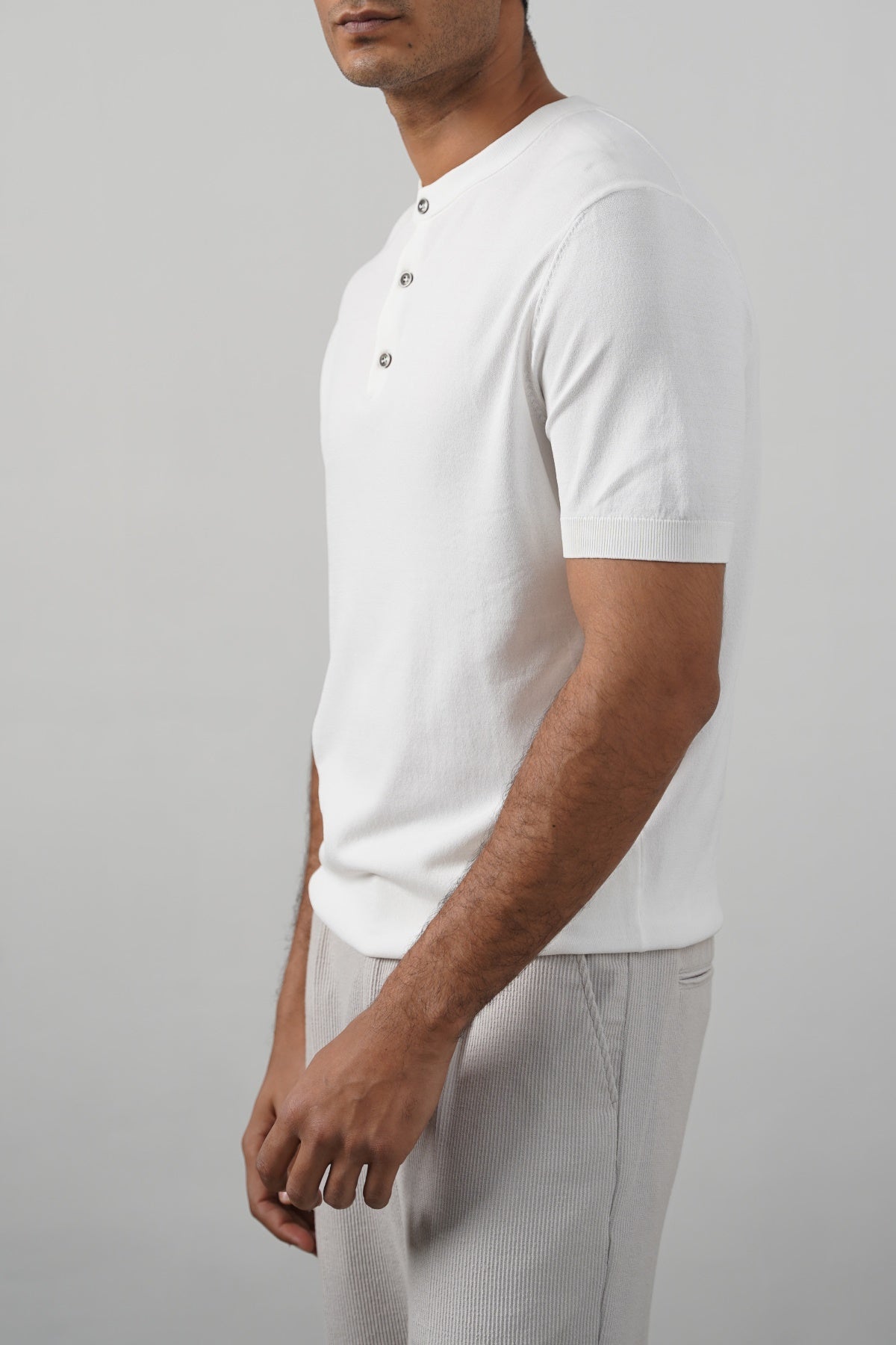 White Fitted Classic Henley with Ribbed Details