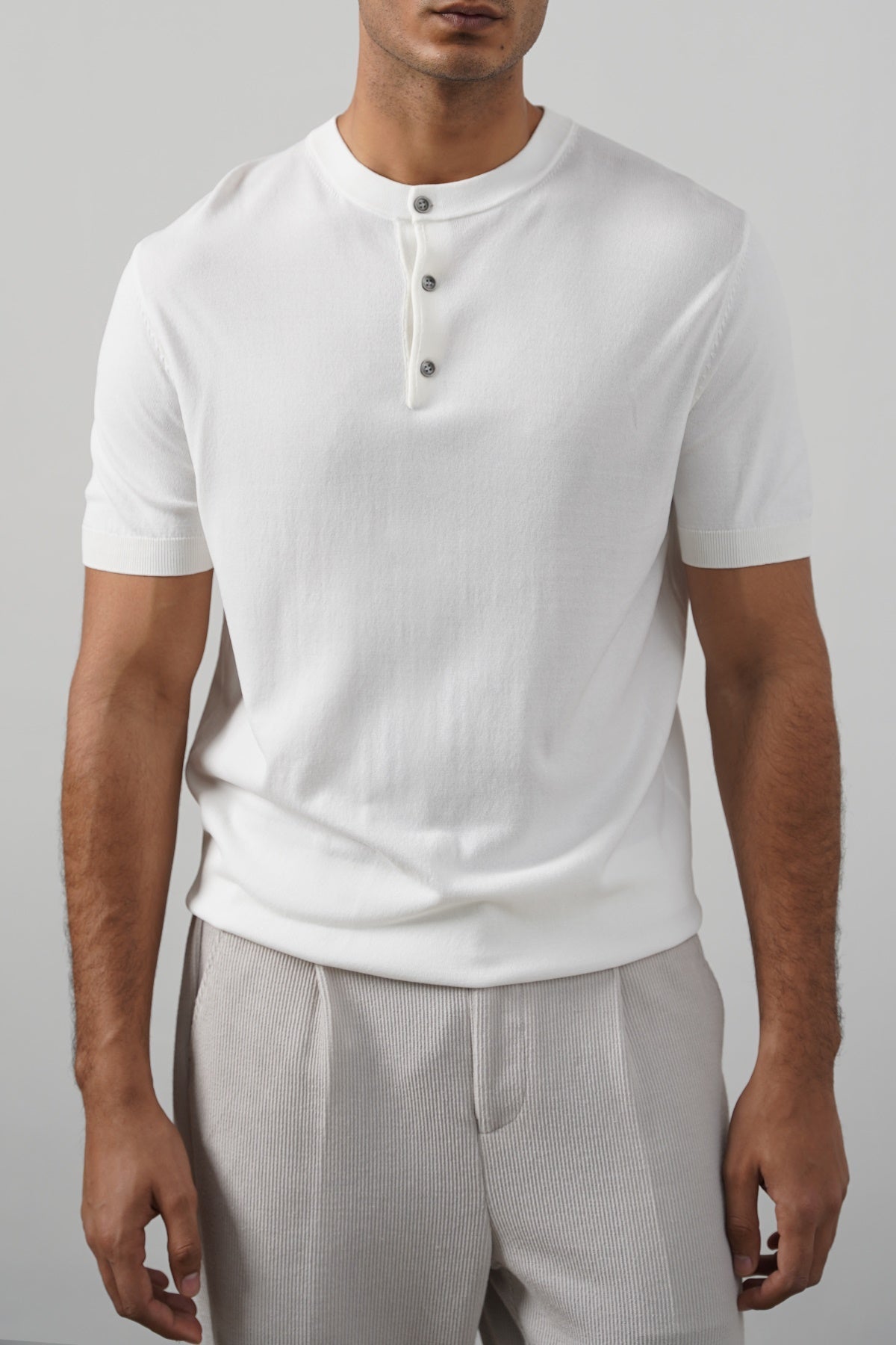 White Fitted Classic Henley with Ribbed Details