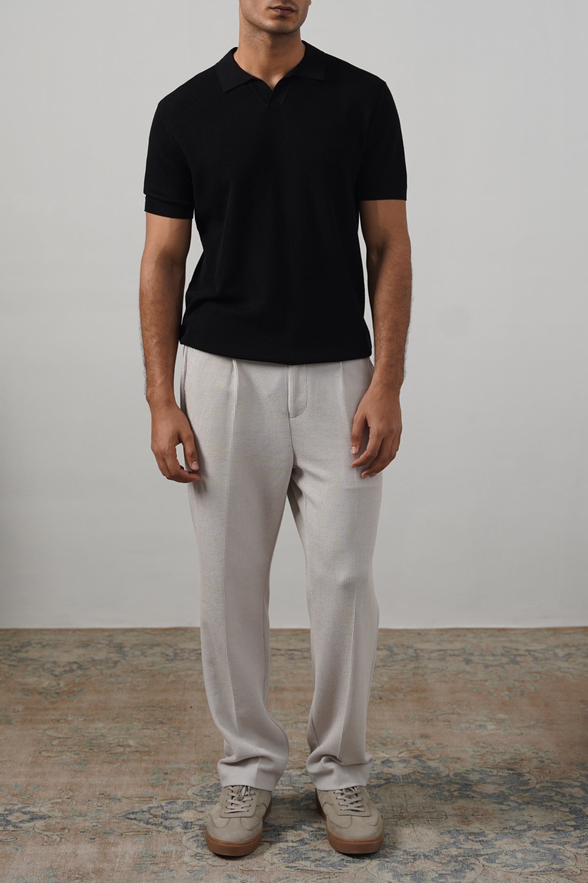 Black Fitted Johnny Collar Polo with Ribbed Cuffs - Regular Hand Feel