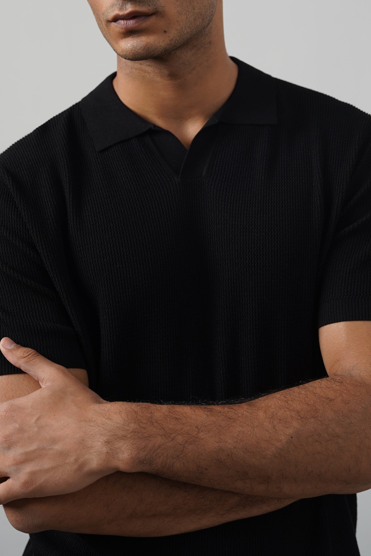 Black Fitted Johnny Collar Polo with Ribbed Cuffs - Regular Hand Feel