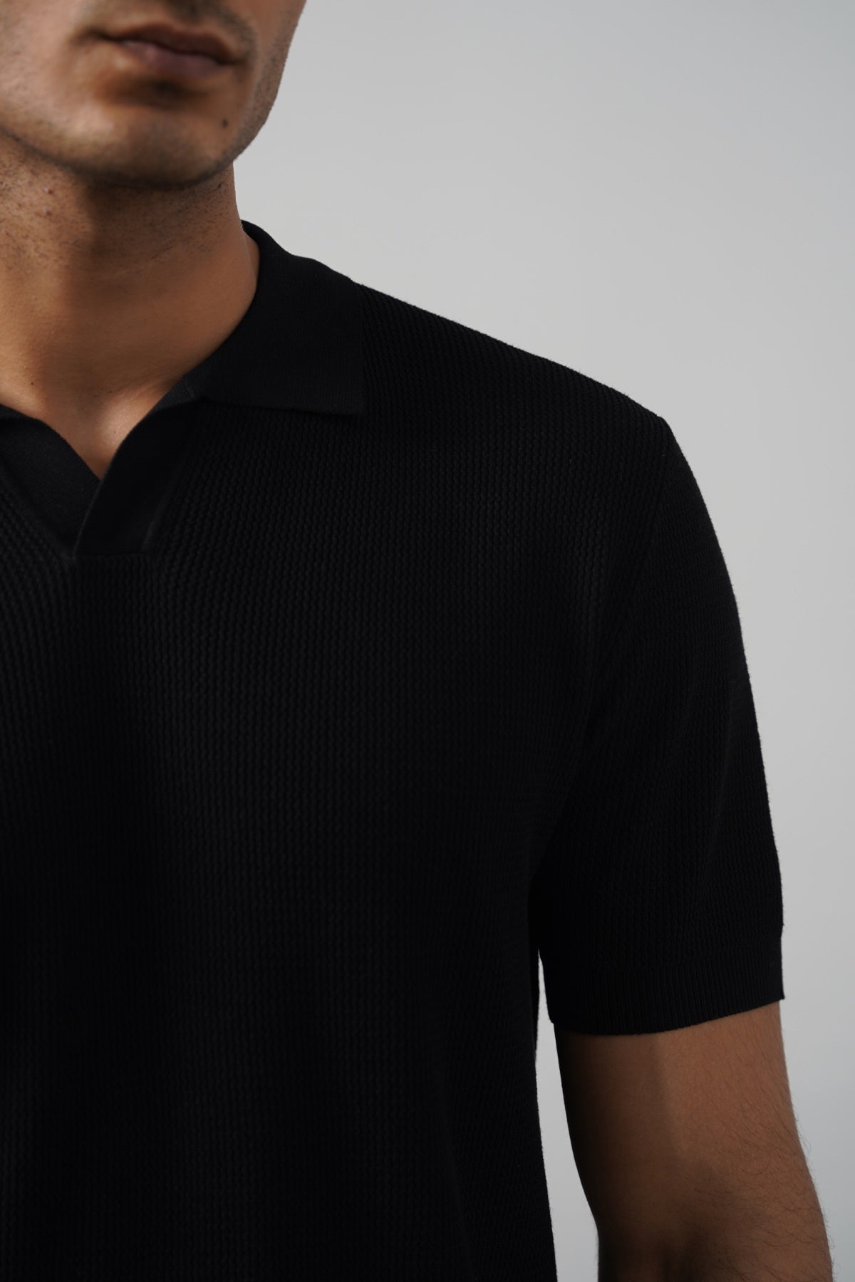 Black Fitted Johnny Collar Polo with Ribbed Cuffs - Regular Hand Feel
