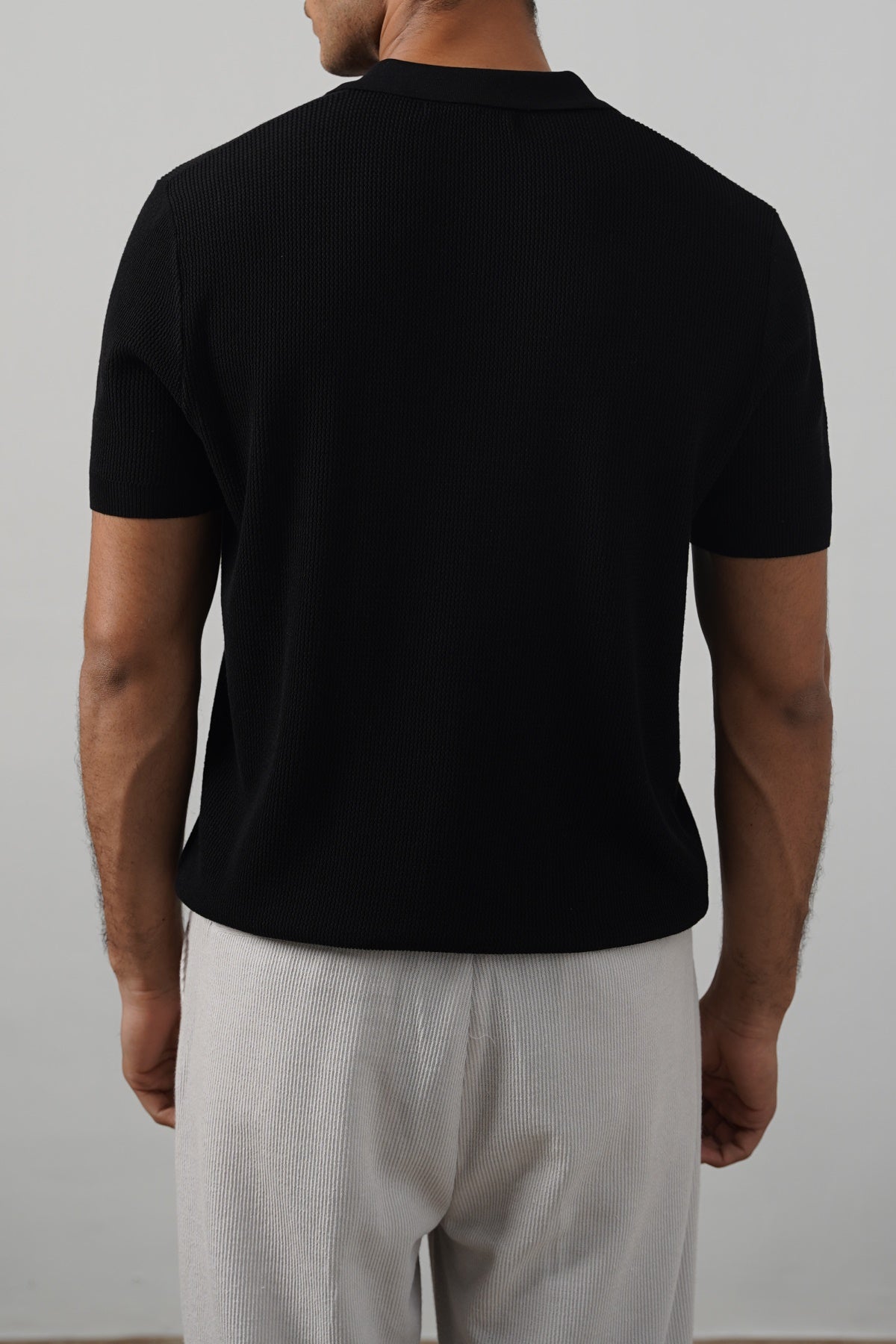 Black Fitted Johnny Collar Polo with Ribbed Cuffs - Regular Hand Feel