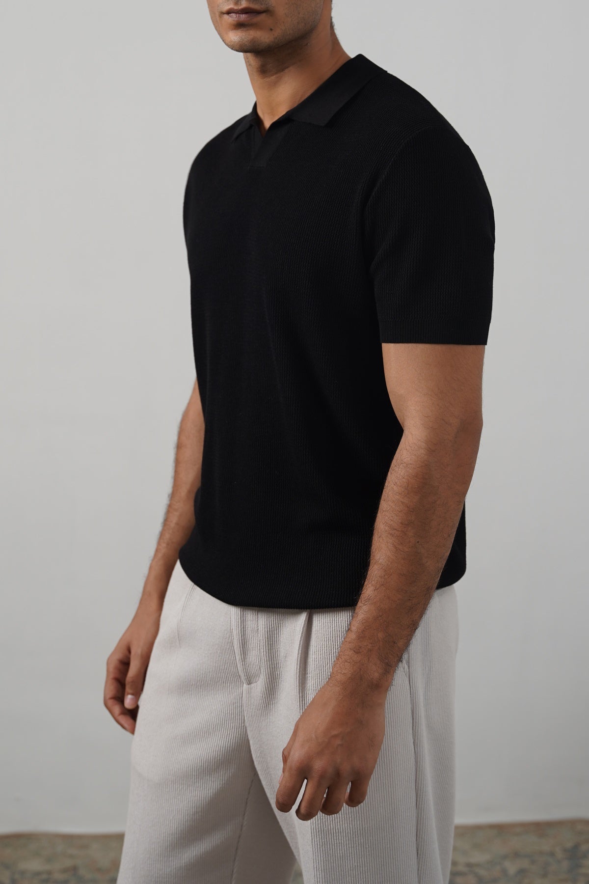 Black Fitted Johnny Collar Polo with Ribbed Cuffs - Regular Hand Feel