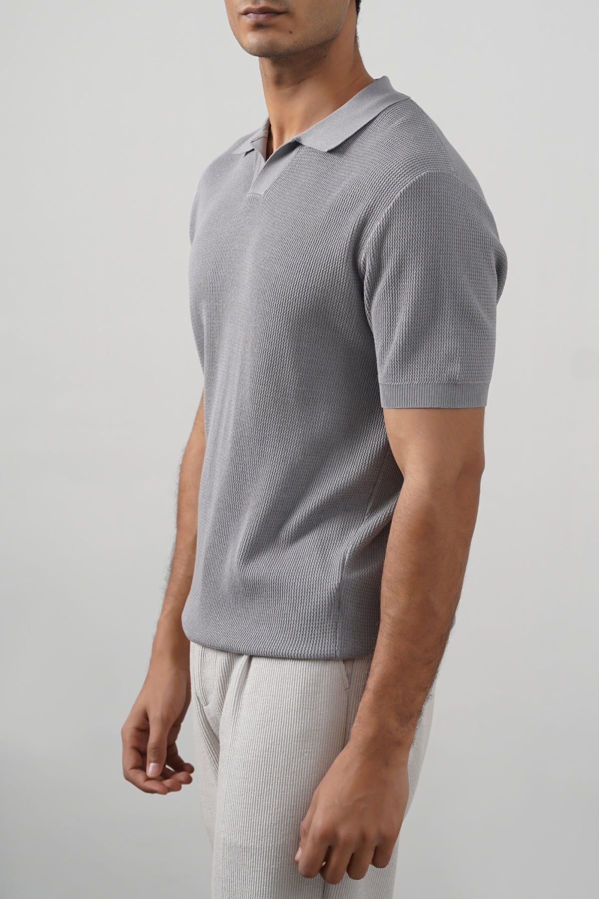 Grey Fitted Johnny Collar Polo with Ribbed Cuffs and Hem
