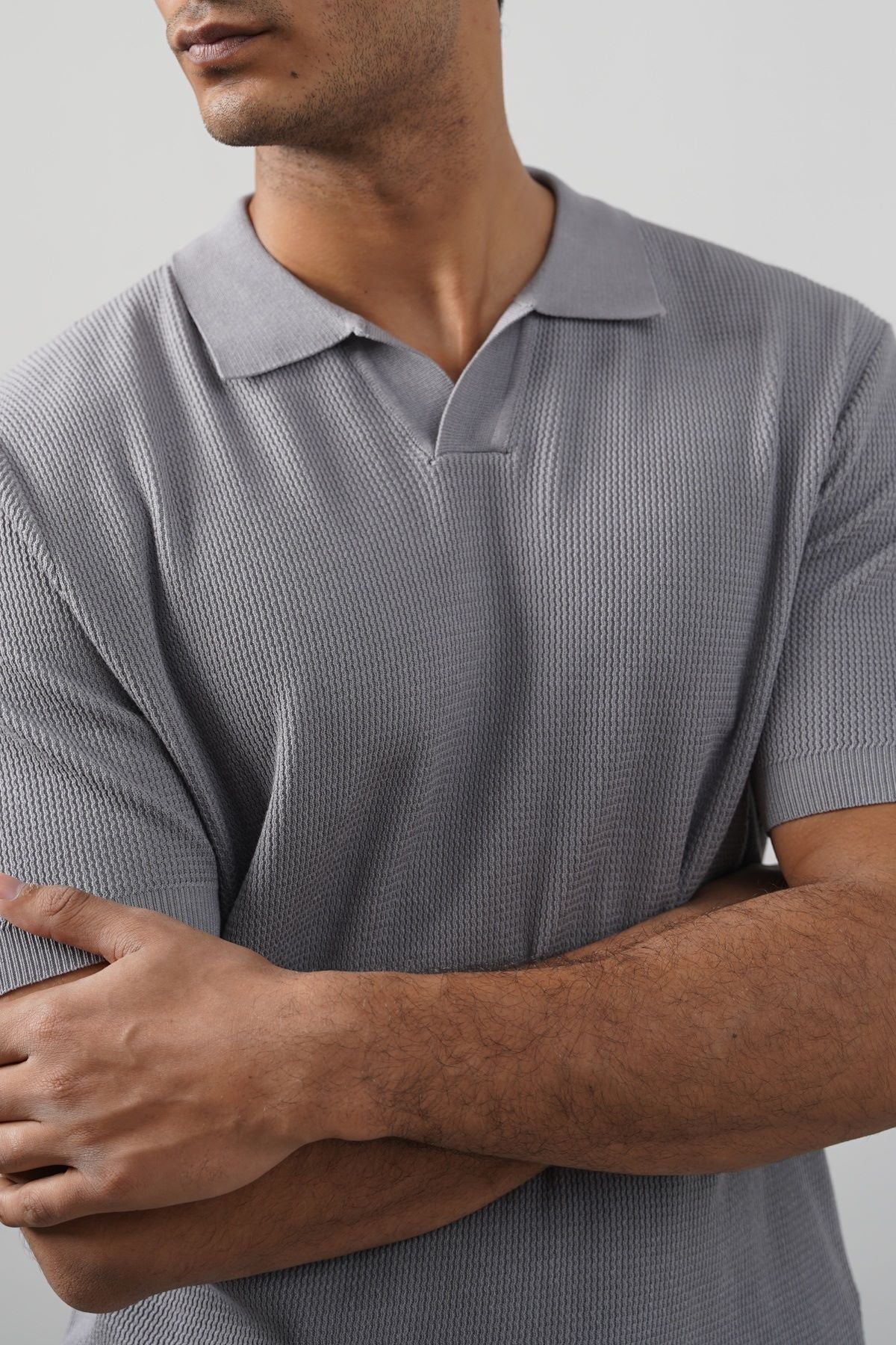 Grey Fitted Johnny Collar Polo with Ribbed Cuffs and Hem