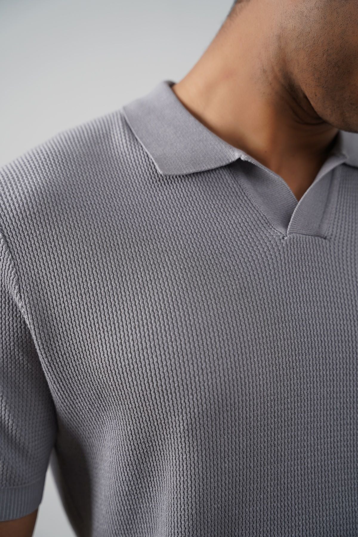 Grey Fitted Johnny Collar Polo with Ribbed Cuffs and Hem
