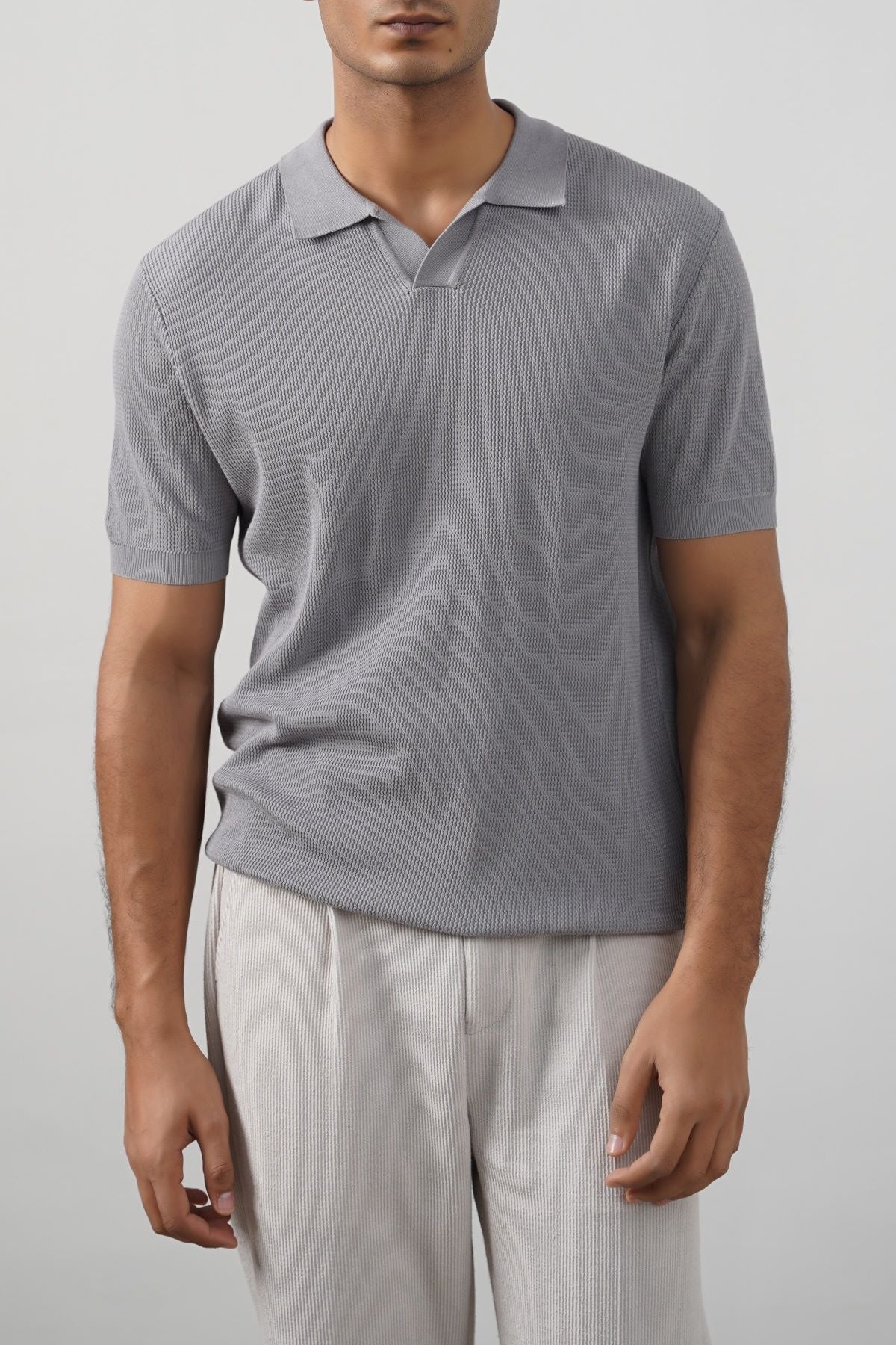 Grey Fitted Johnny Collar Polo with Ribbed Cuffs and Hem