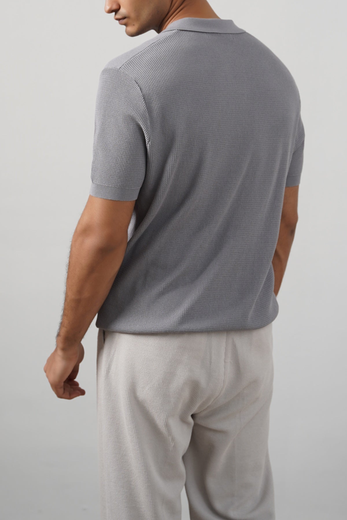 Grey Fitted Johnny Collar Polo with Ribbed Cuffs and Hem