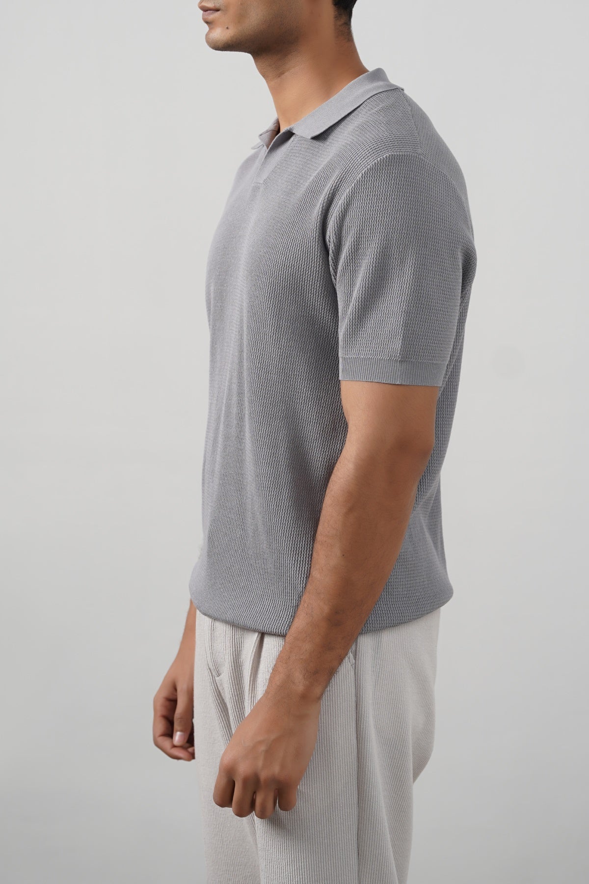 Grey Fitted Johnny Collar Polo with Ribbed Cuffs and Hem