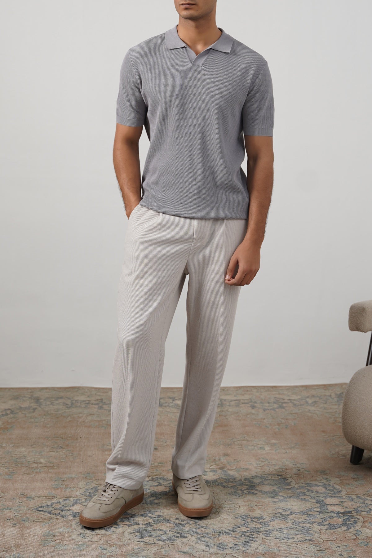Grey Fitted Johnny Collar Polo with Ribbed Cuffs and Hem