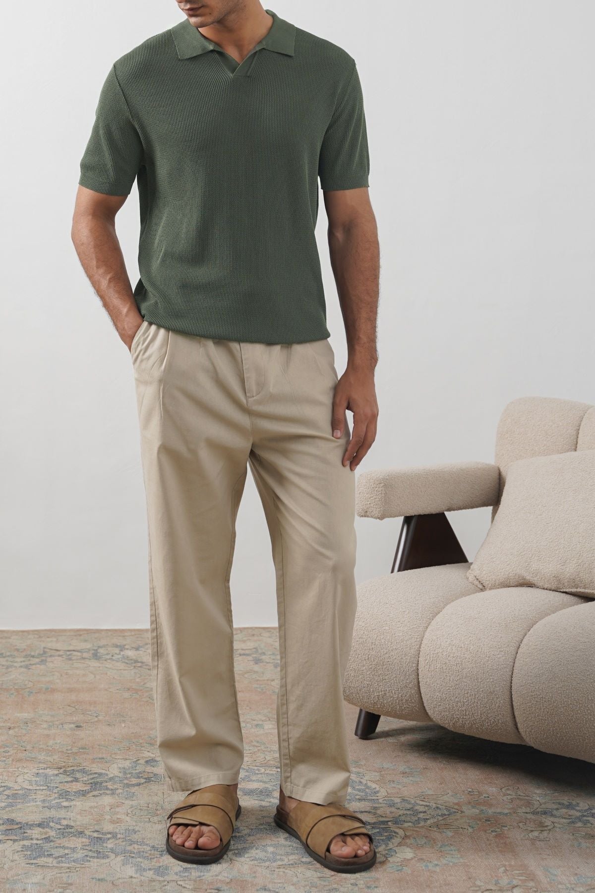 Olive Fitted Johnny Collar Polo with Ribbed Cuffs and Hem
