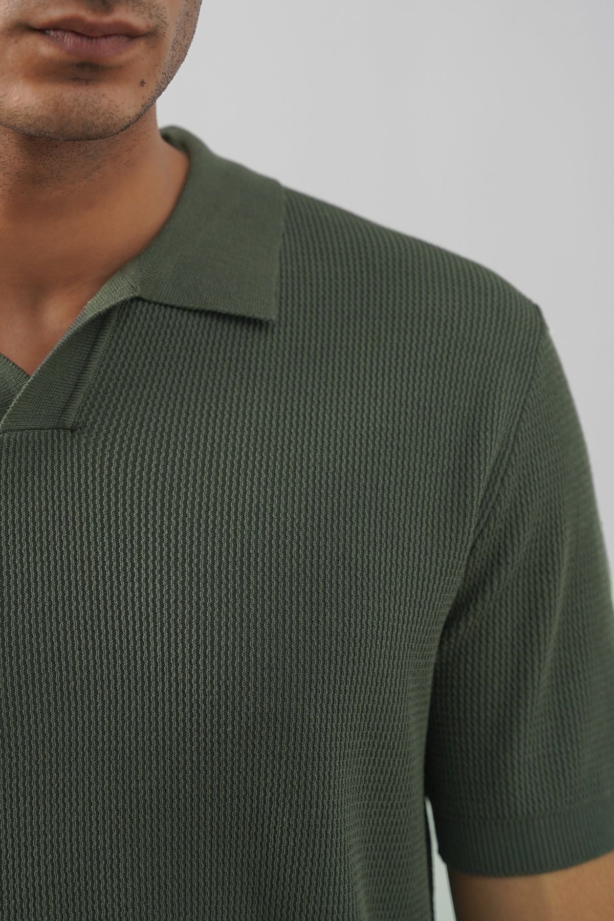 Olive Fitted Johnny Collar Polo with Ribbed Cuffs and Hem