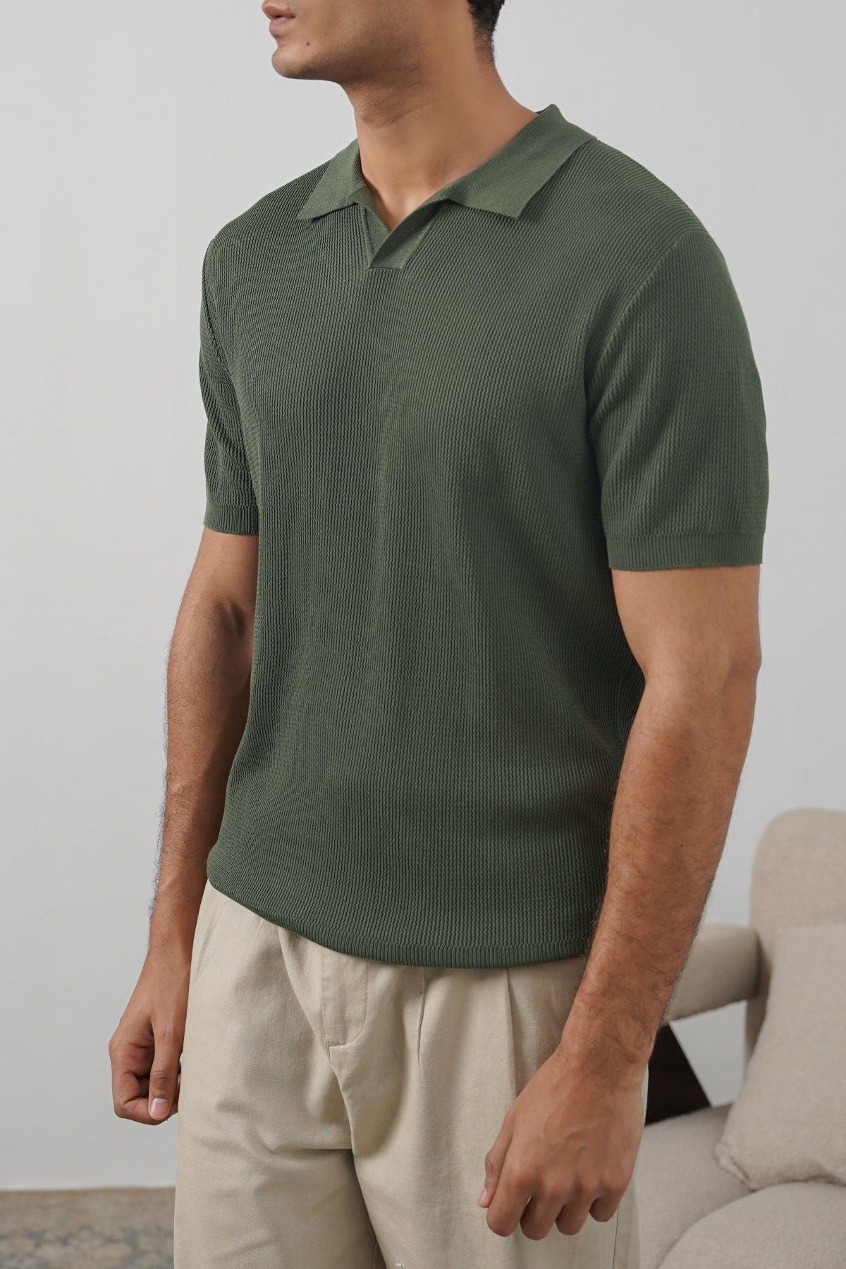 Olive Fitted Johnny Collar Polo with Ribbed Cuffs and Hem